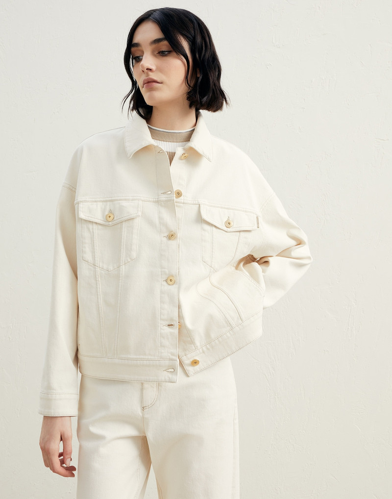 Garment-dyed comfort denim four-pocket jacket with shiny tab 1