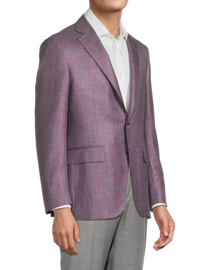 Men's Windowpane Plaid Wool-Silk-Linen Sport Coat - Purple 4