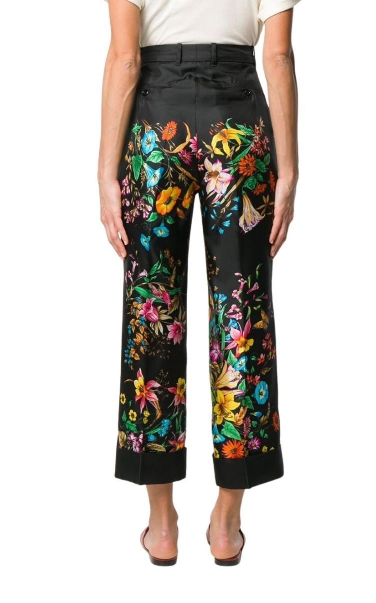 Floral Print Cropped Silk Trousers Pants - 4