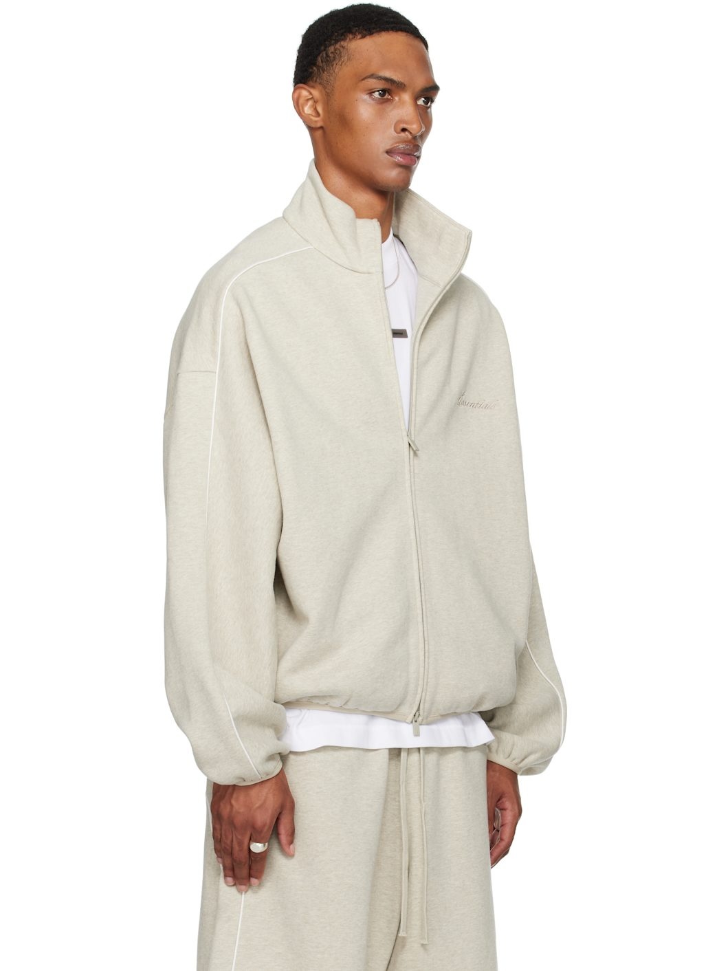 Beige Modern Fit Fleece Track Jacket - 2