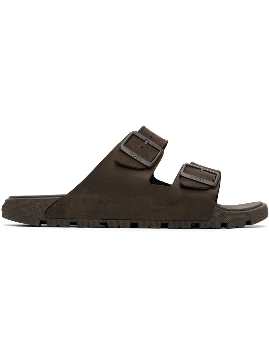 Brown Twin-Strap Branded Buckle Slides - 1