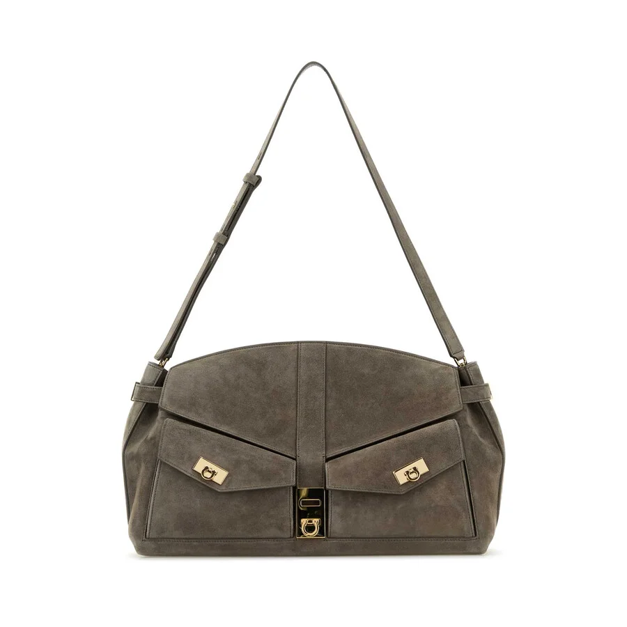 Ferragamo Grey Suede Shoulder Bag - 1