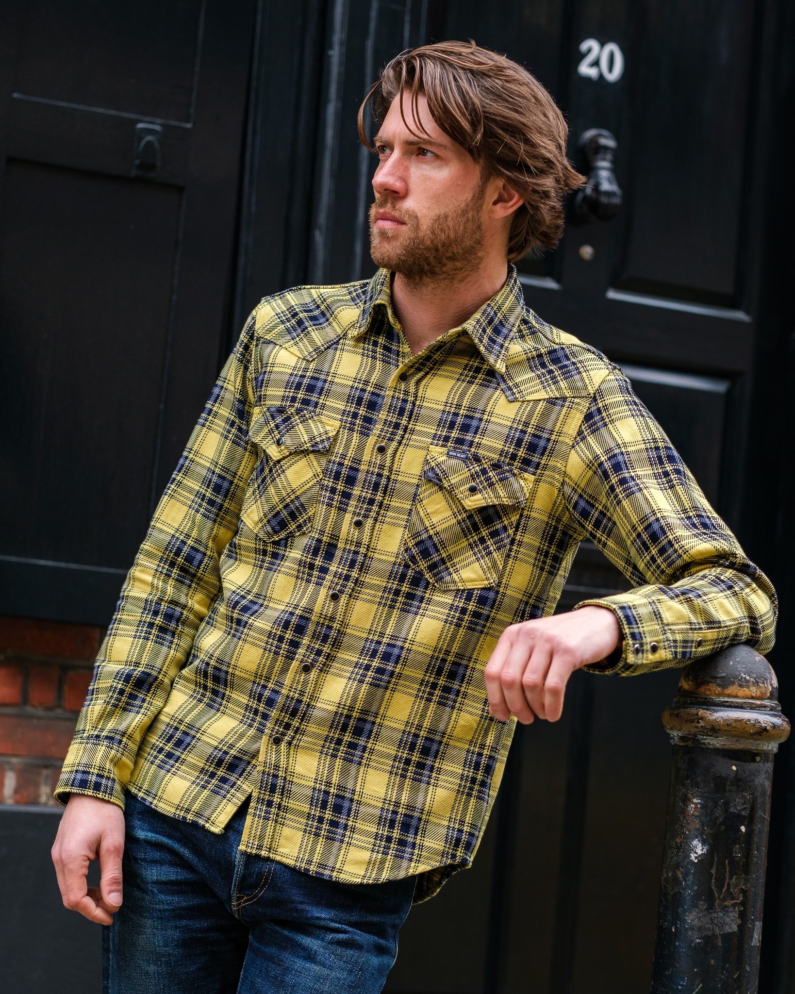 IHSH-411-YEL 9oz Selvedge Indigo Check Flannel Western Shirt - Yellow - 4