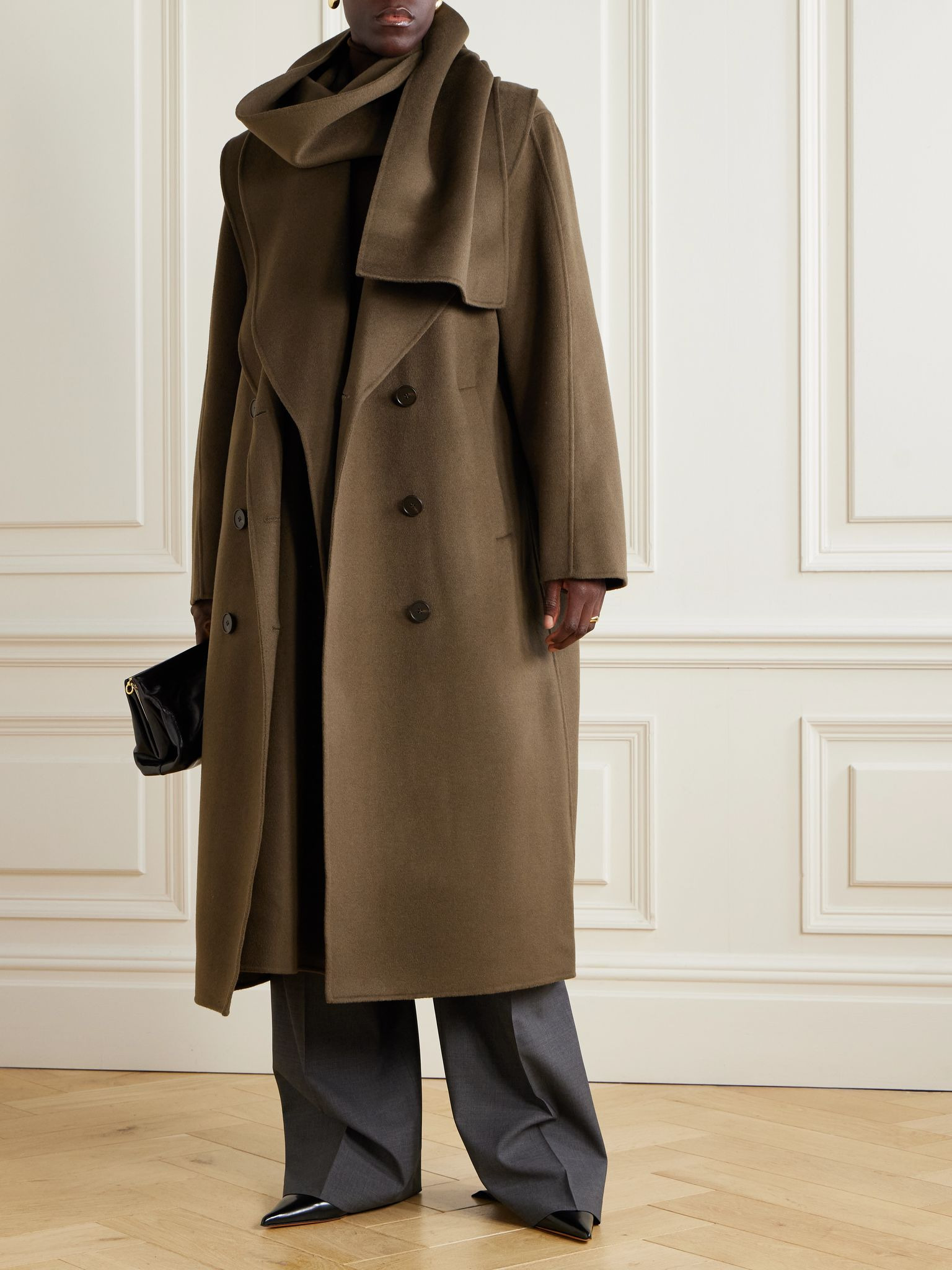 Double-breasted scarf-detailed layered wool coat Dark green - 2