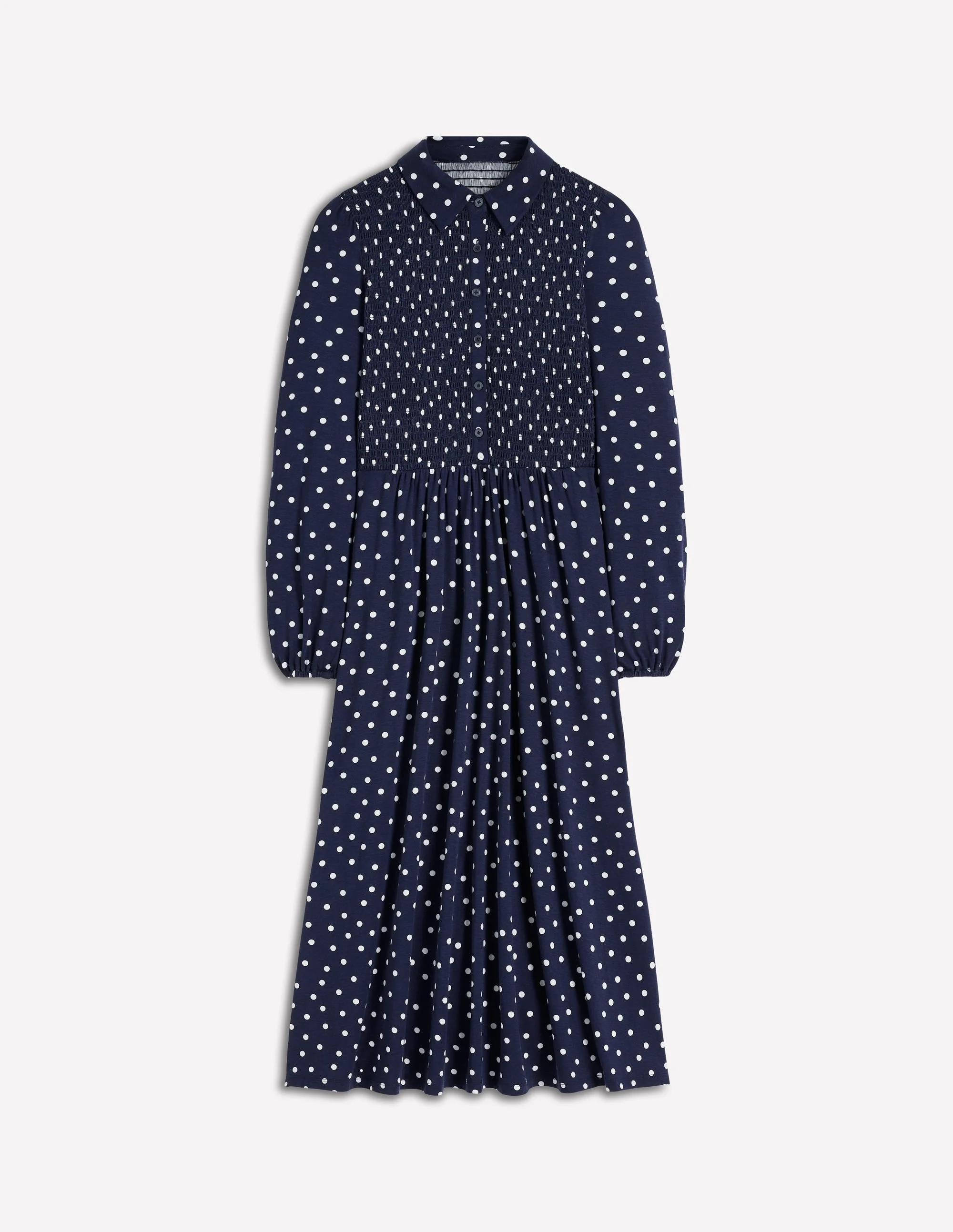 Smocked Jersey Shirt Dress-French Navy, Painted Dot - 1