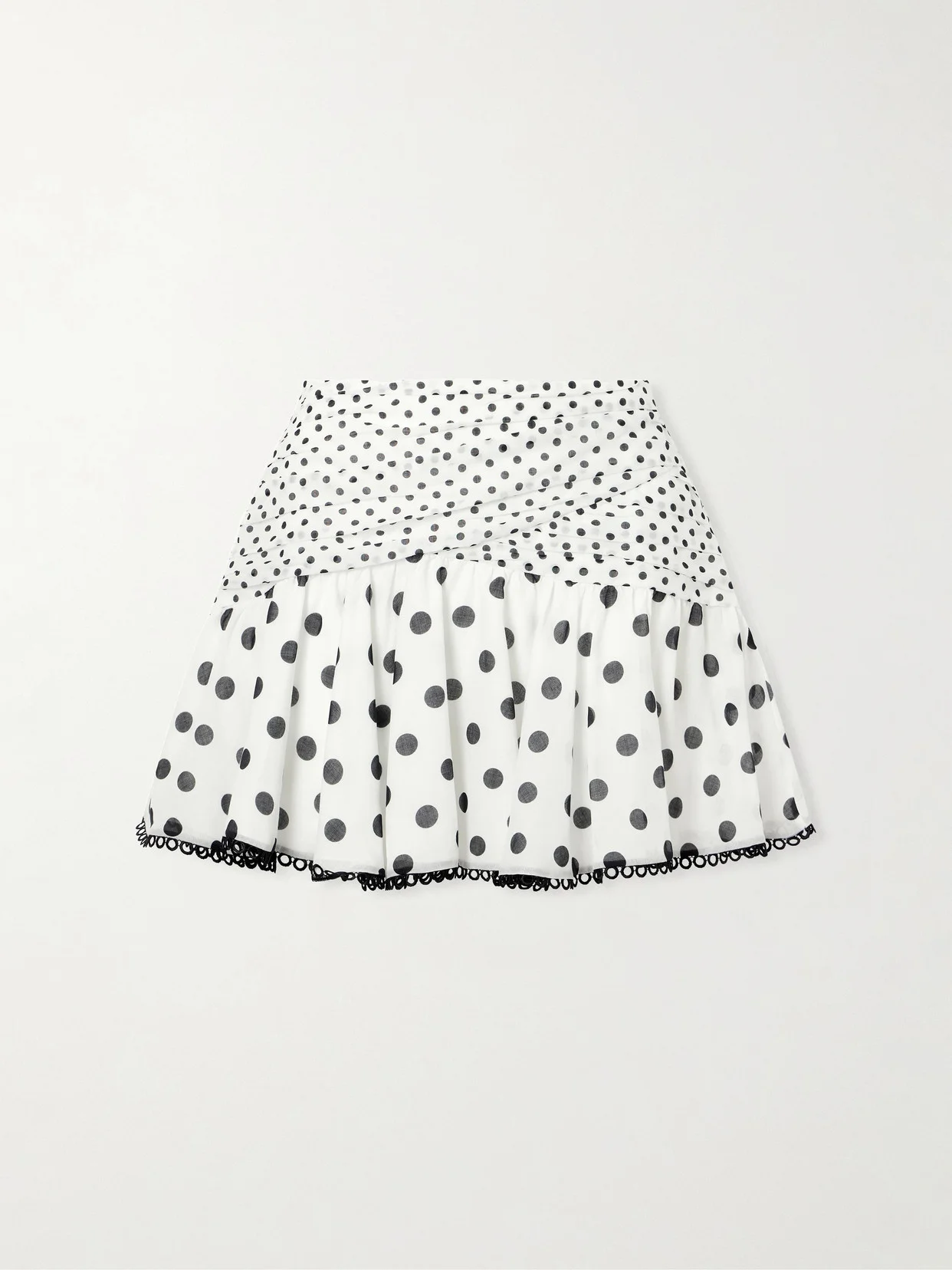 Noira Ruched Guipure Lace-trimmed Polka-dot Cotton-blend Voile Mini Skirt - 1