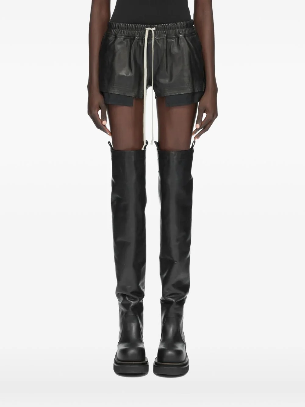 drawstring layered leather shorts - 1