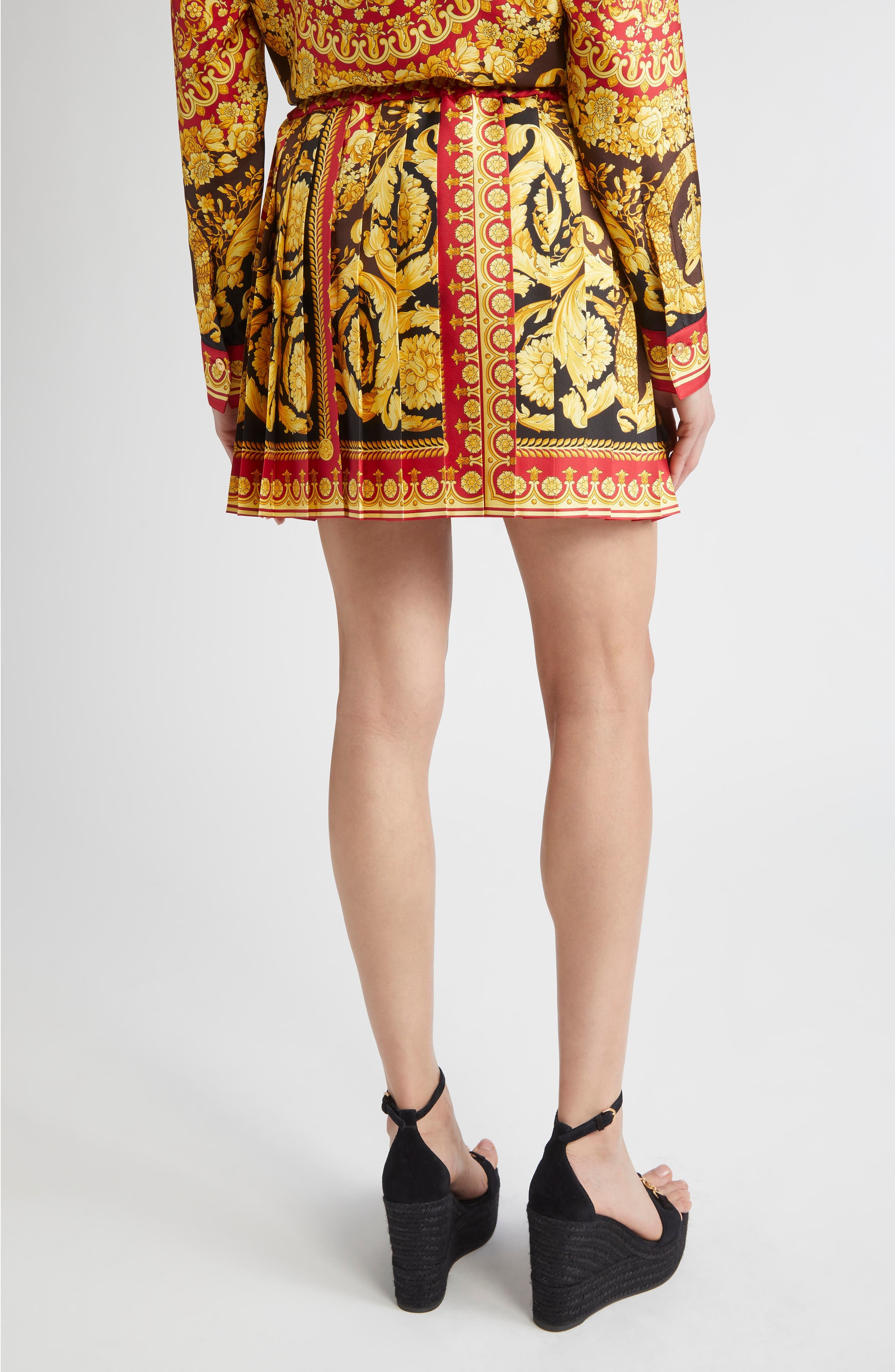 Versace Barocco 92 Pleated Silk Twill Skirt in Parade Red Black at Nordstrom - 3