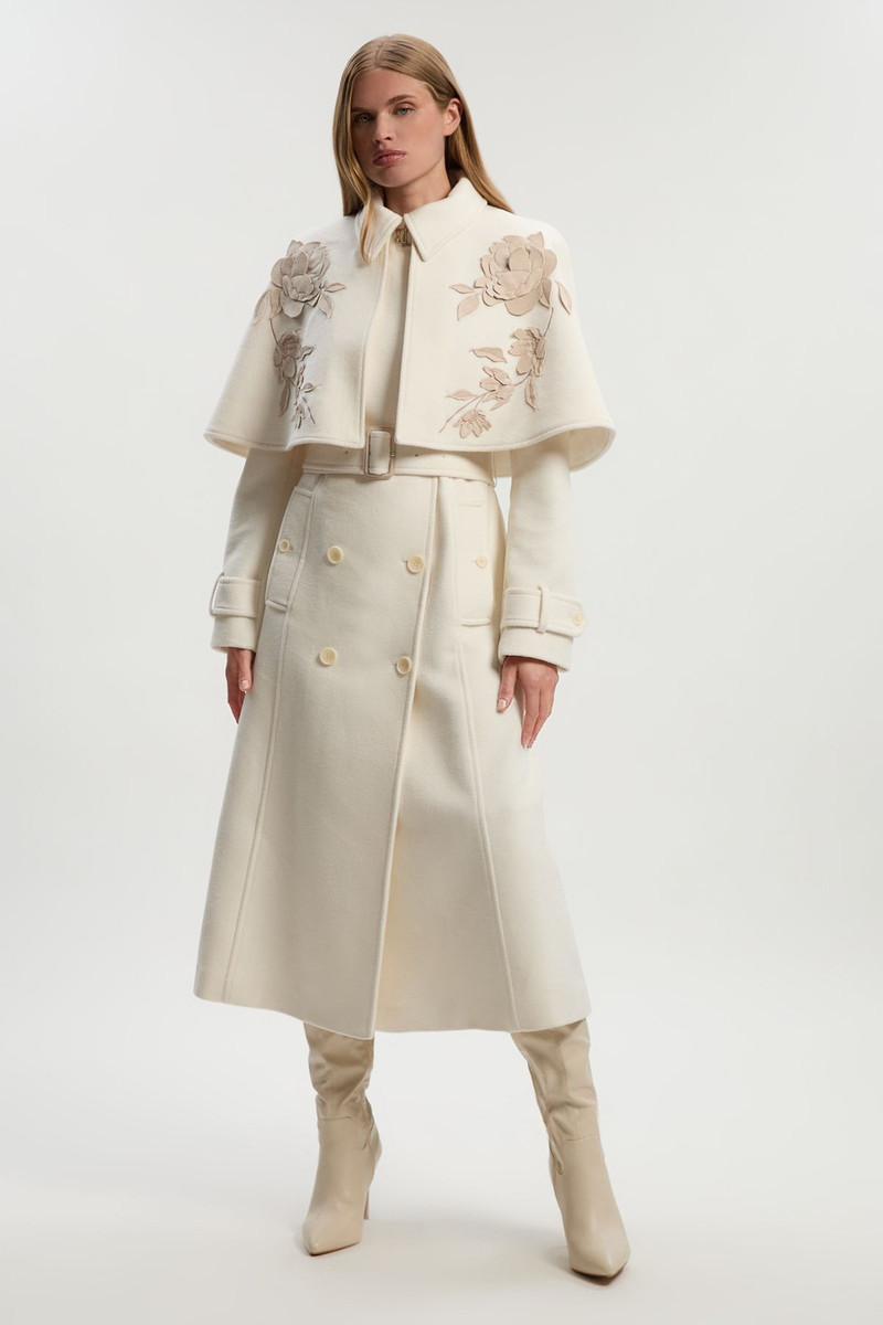 Brushed Wool Pu Mix Placed Floral Embroidery Applique Tailored Cape Full Skirted Midi Coat 1