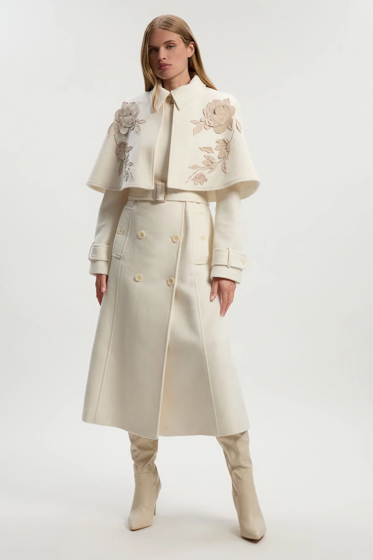 Brushed Wool Pu Mix Placed Floral Embroidery Applique Tailored Cape Full Skirted Midi Coat - 1
