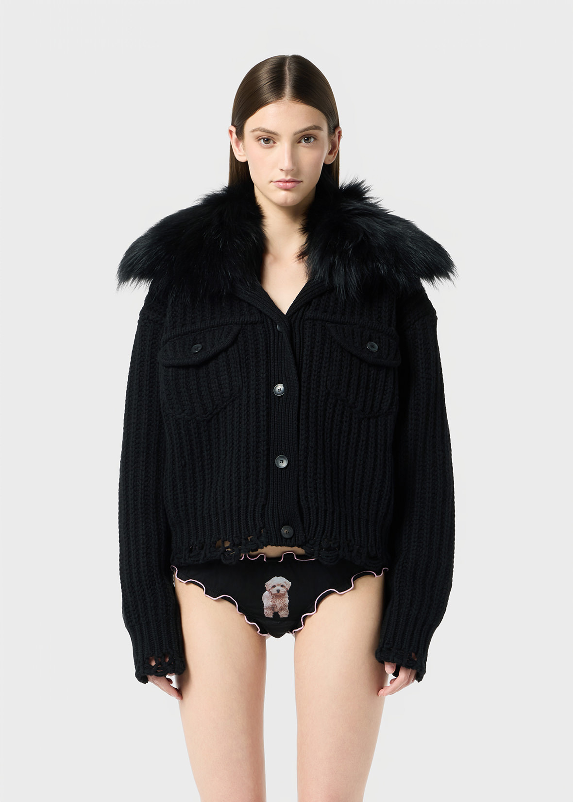 WOOL CARDIGAN WITH FAUX FUR COLLAR - 3
