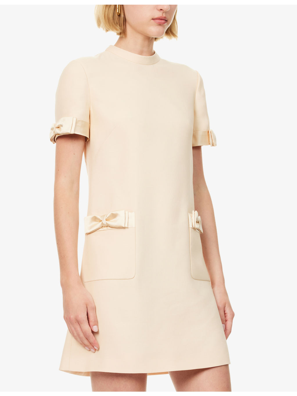 Bow-Embellishment Short-Sleeves Wool And Silk Mini Dress - 3