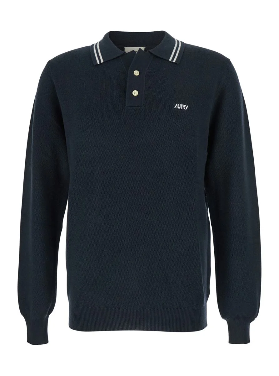 Autry Blue Long-Sleeve Polo Shirt With Striped Collar And Logo Lettering Embroidery On The Front In - 1