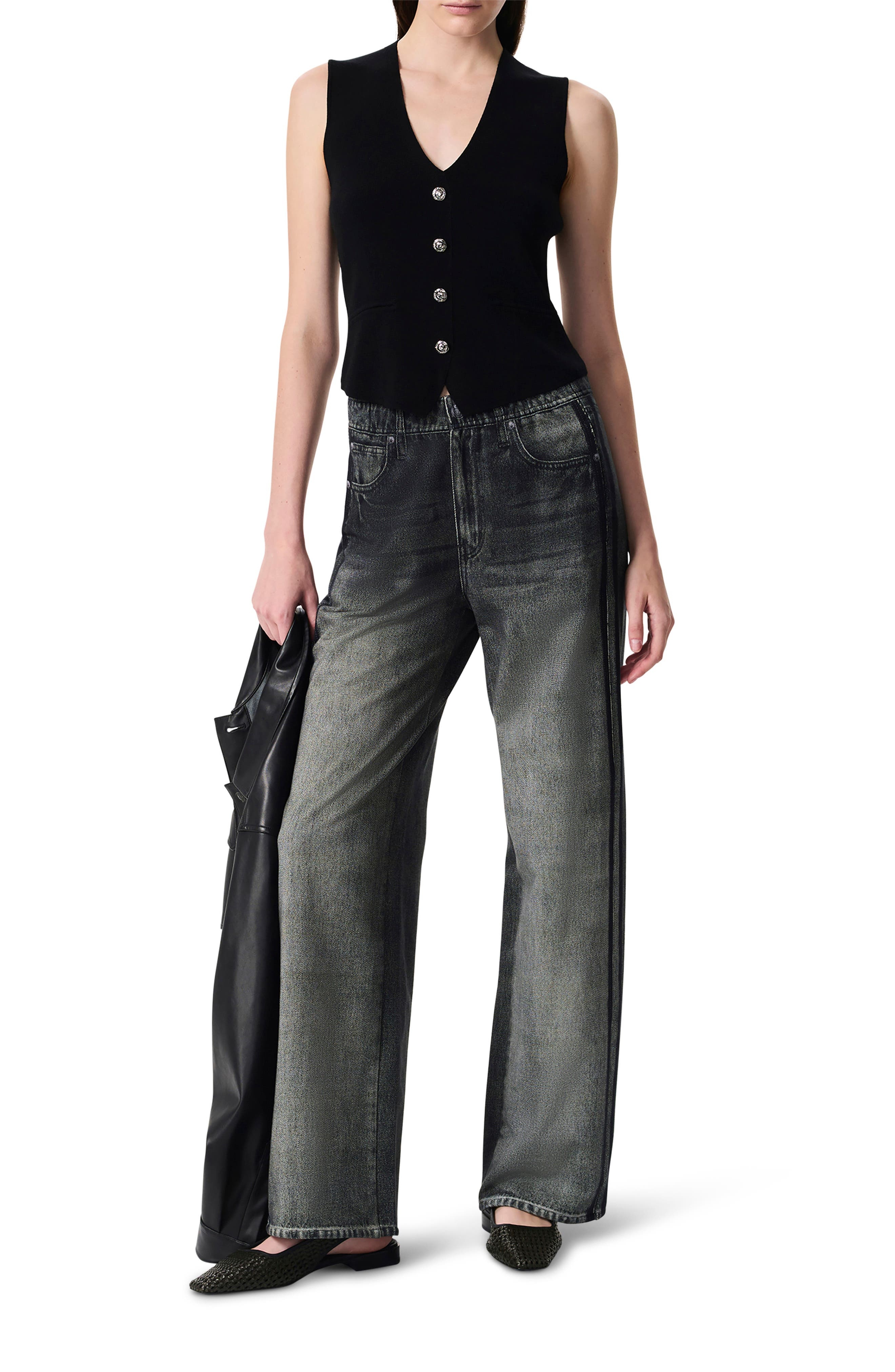 rag & bone Miramar Side Stripe High Waist Wide Leg Cotton Terry Sweatpant Track Pants in Washed Blac - 4