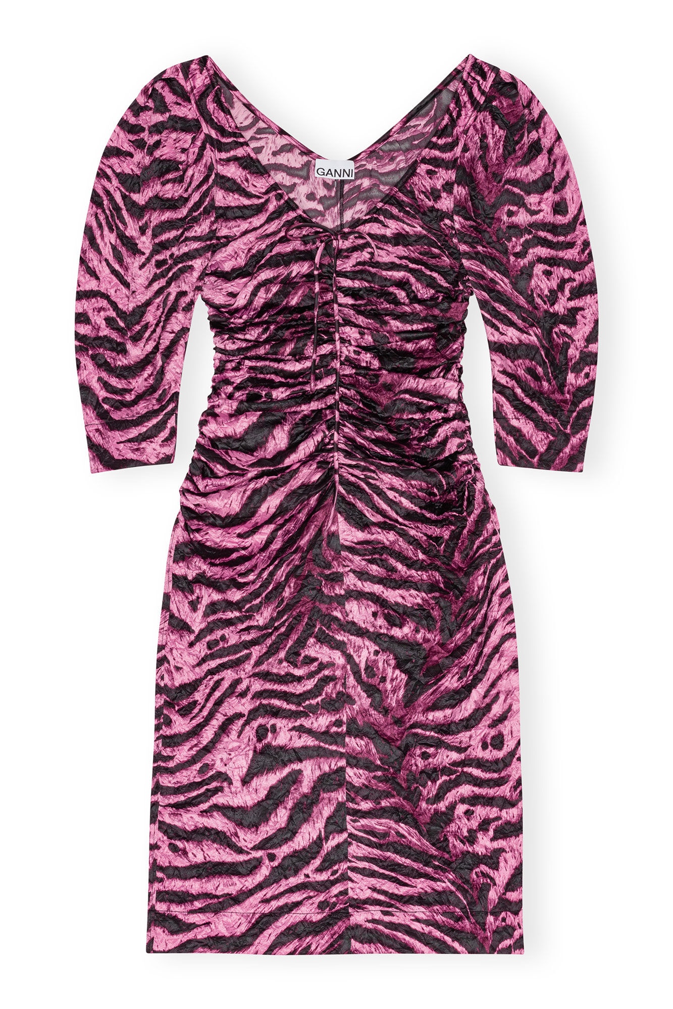 ANIMAL PRINTED CRINKLED SATIN U-NECK MIDI DRESS - 6