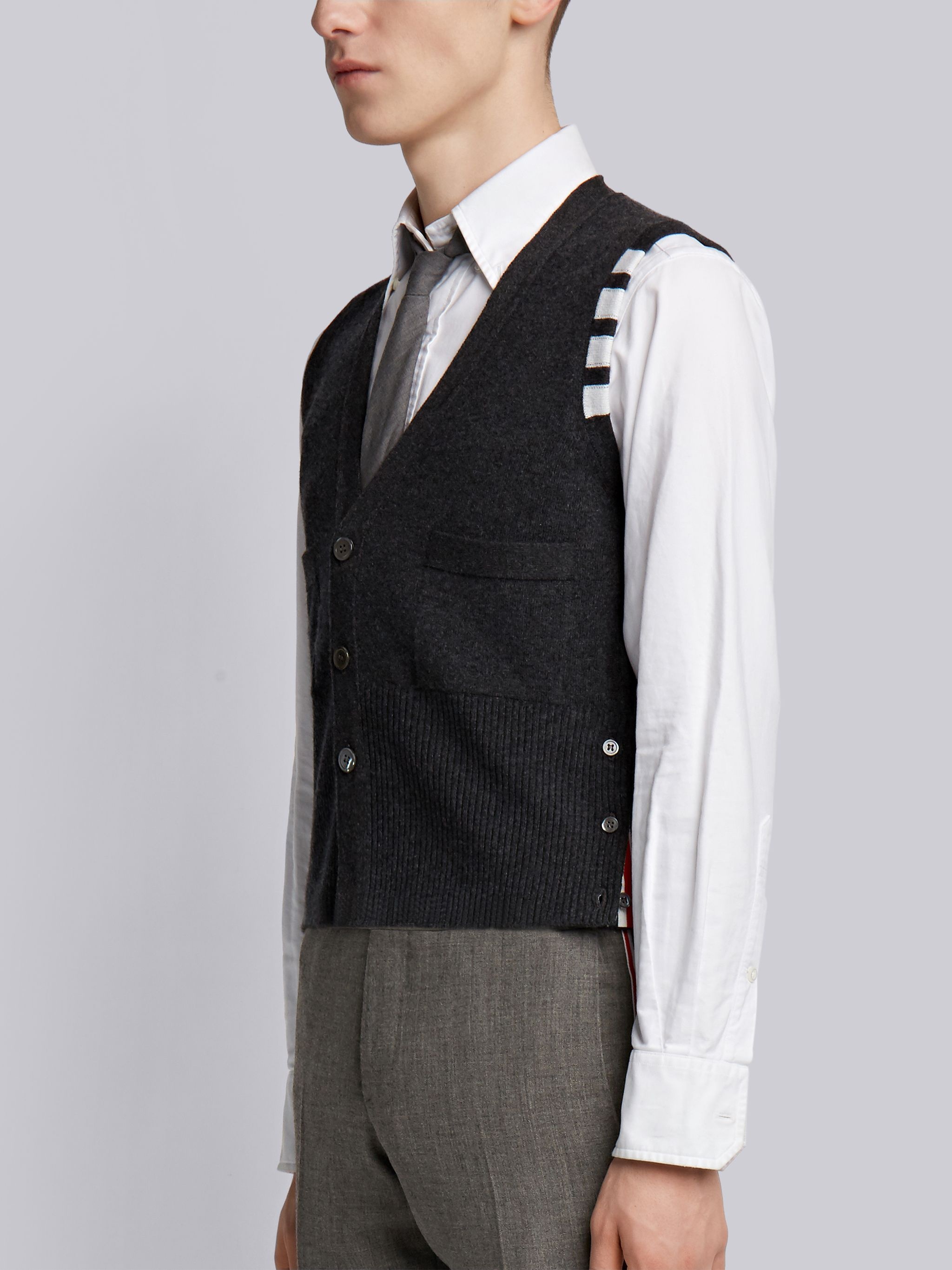 Charcoal Cashmere 4-bar V-neck Waistcoat - 2