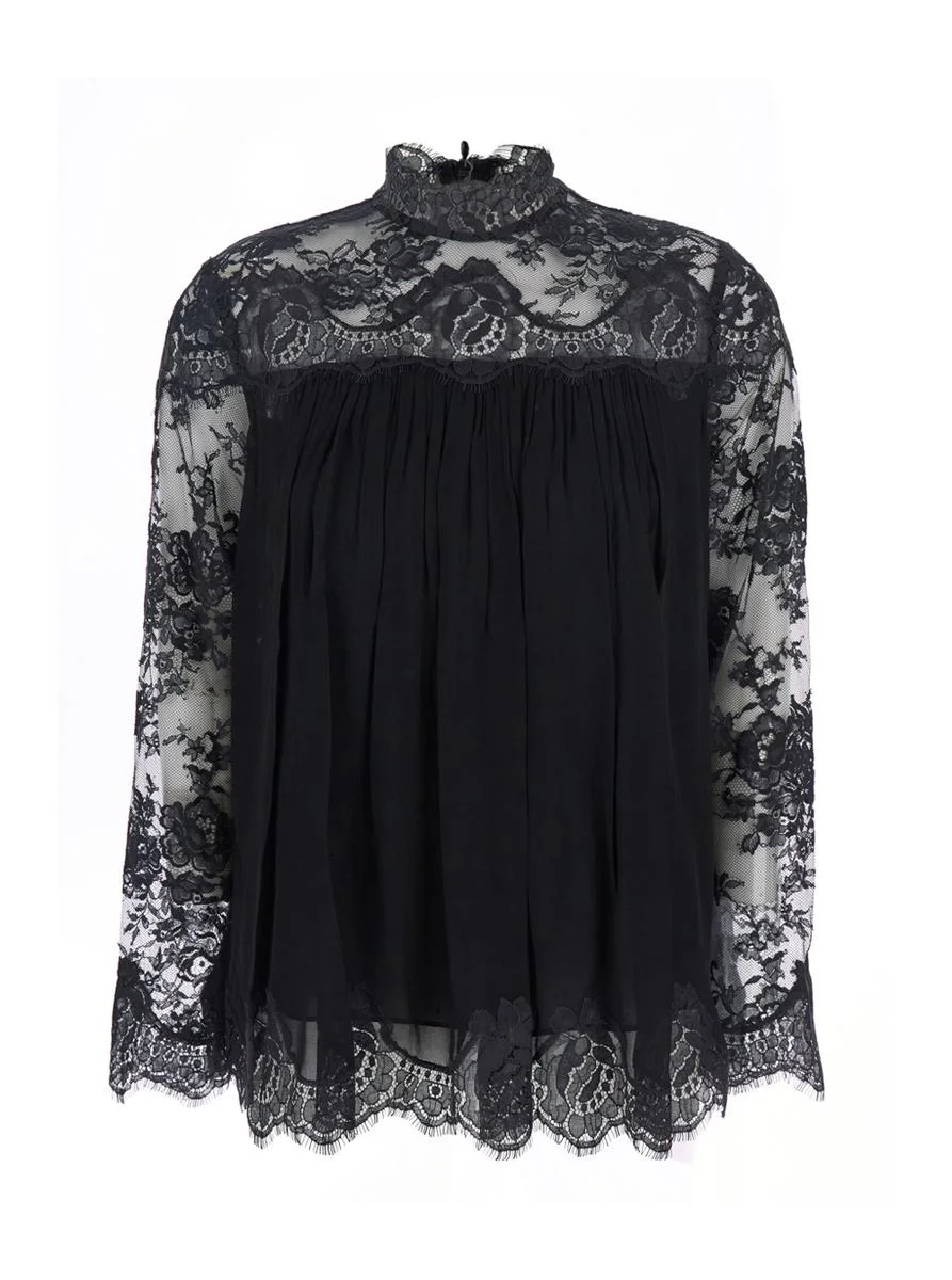 Zimmermann Black Blouse With High Neck And Lace Panels In Viscose Woman - 1