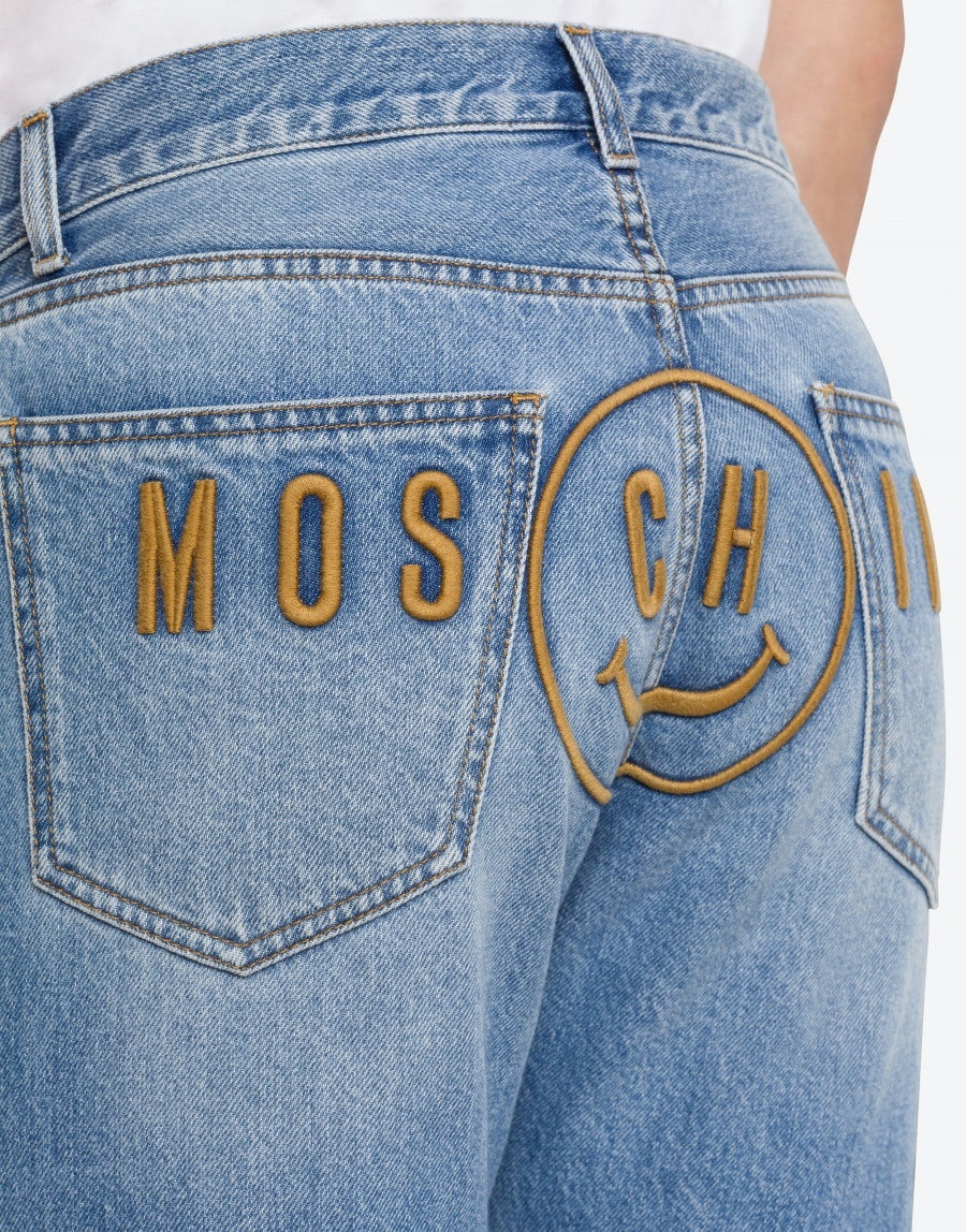 MOSCHINO SMILEY® EMBROIDERY BLUE DENIM TROUSERS - 4