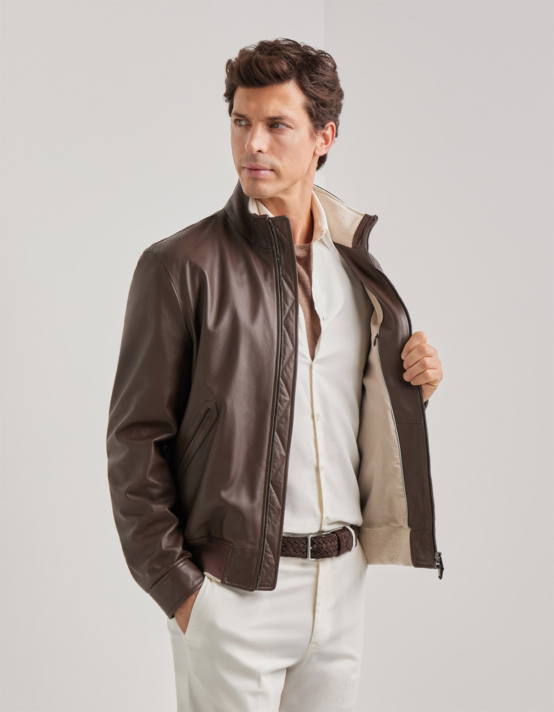CARAMEL MIXED-MATERIAL ULTRALIGHT SUEDE BOMBER JACKET WITH KNIT INSERTS 171