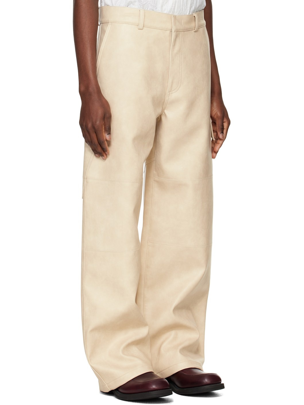 Beige Faux Leather Cargo Pants - 2