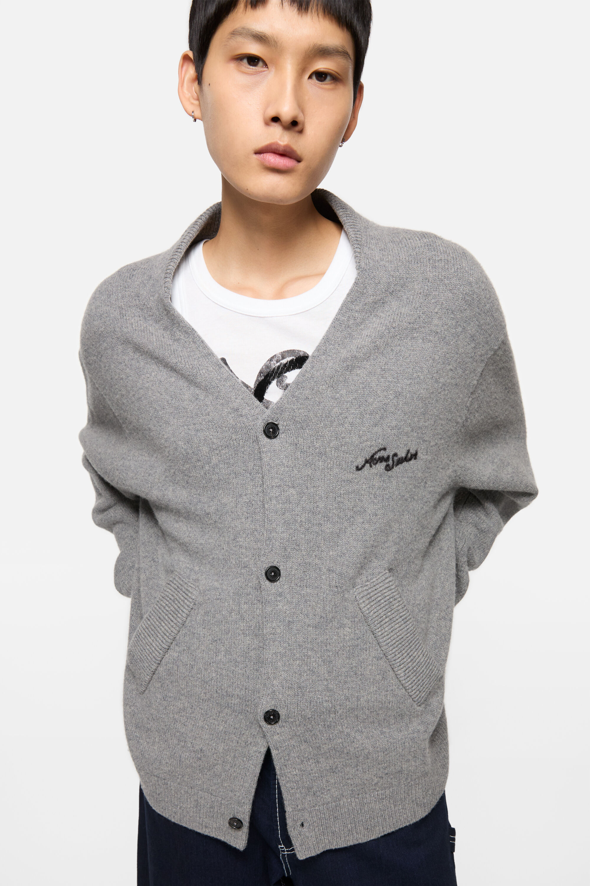 Wool V-Neck Cardigan - Dark Grey Melange - 4