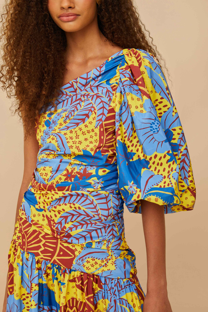 Yellow Jungle Panther One-Shoulder Midi Dress 3