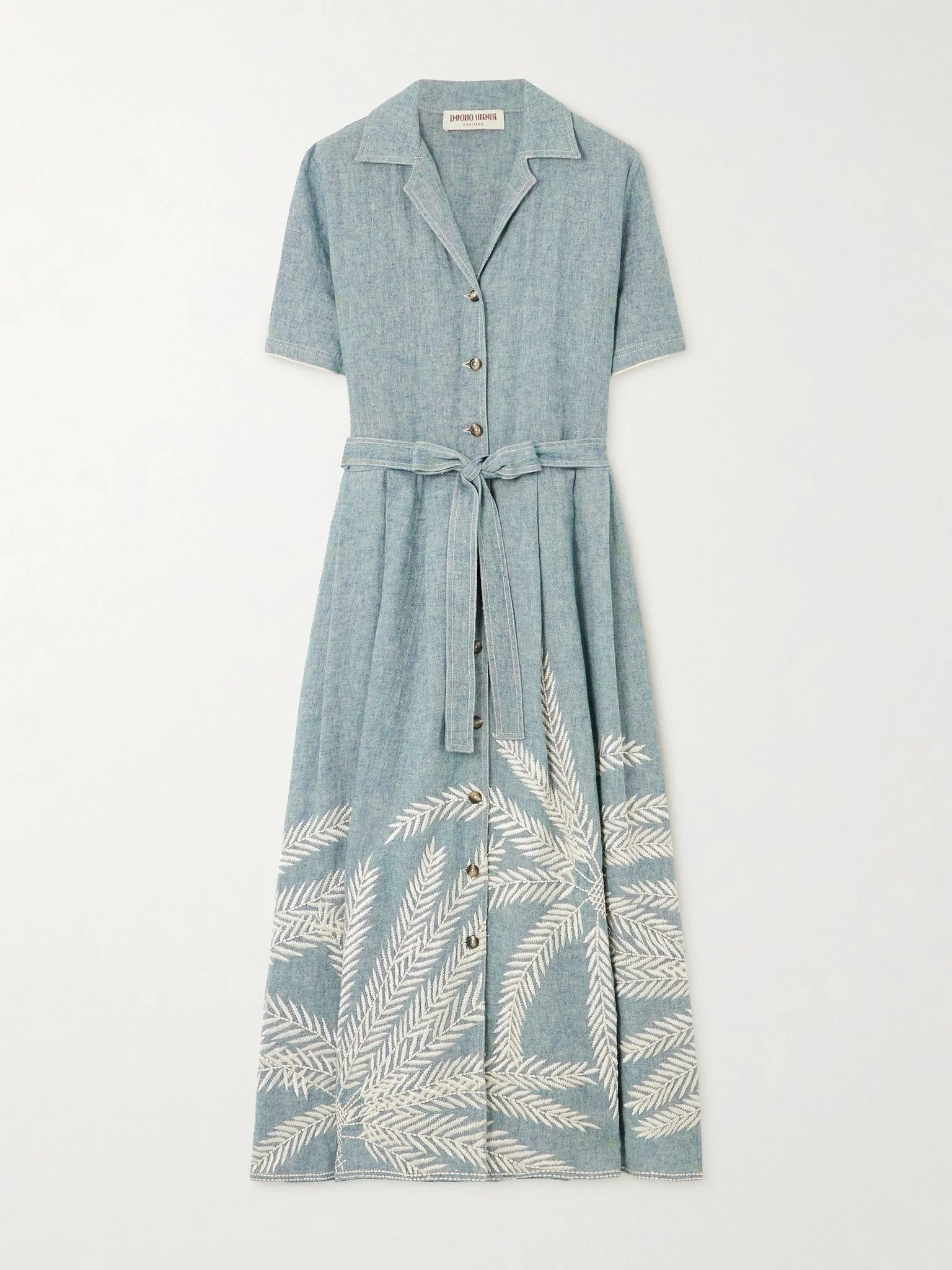 Claudia Palm belted embroidered ramie and linen-blend midi dress Blue - 1