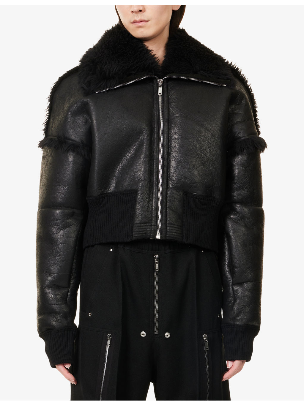 Flight Cropped Leather Shearling Jacket - 3