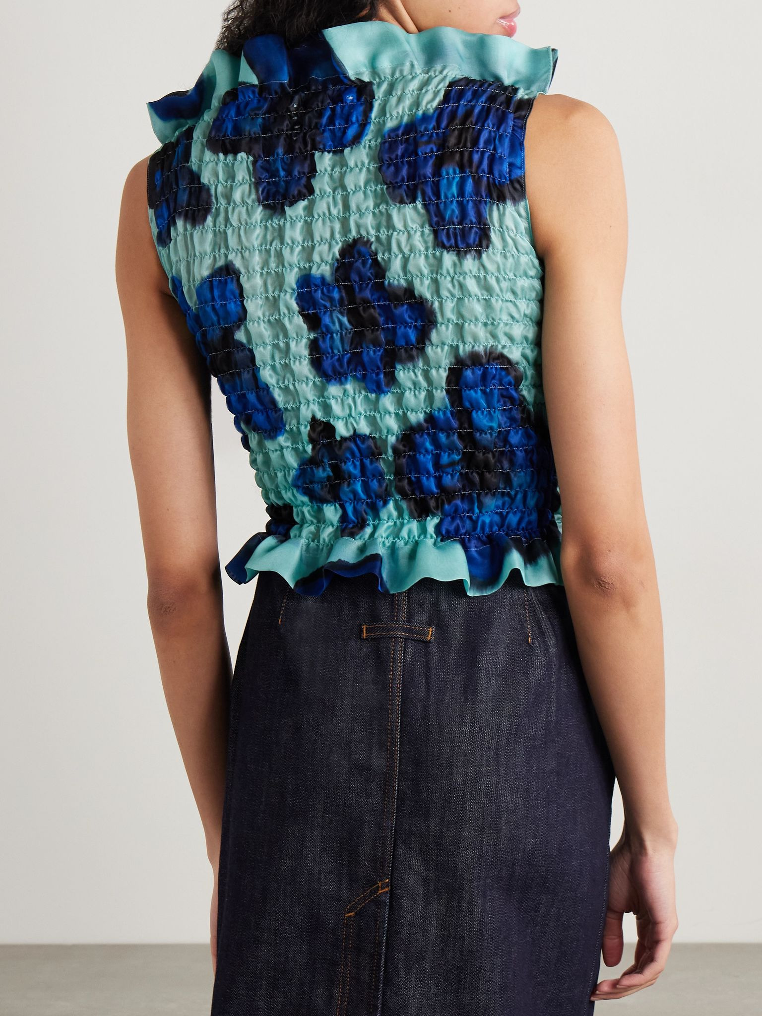 Ruffled shirred floral-print silk-satin top Teal - 4