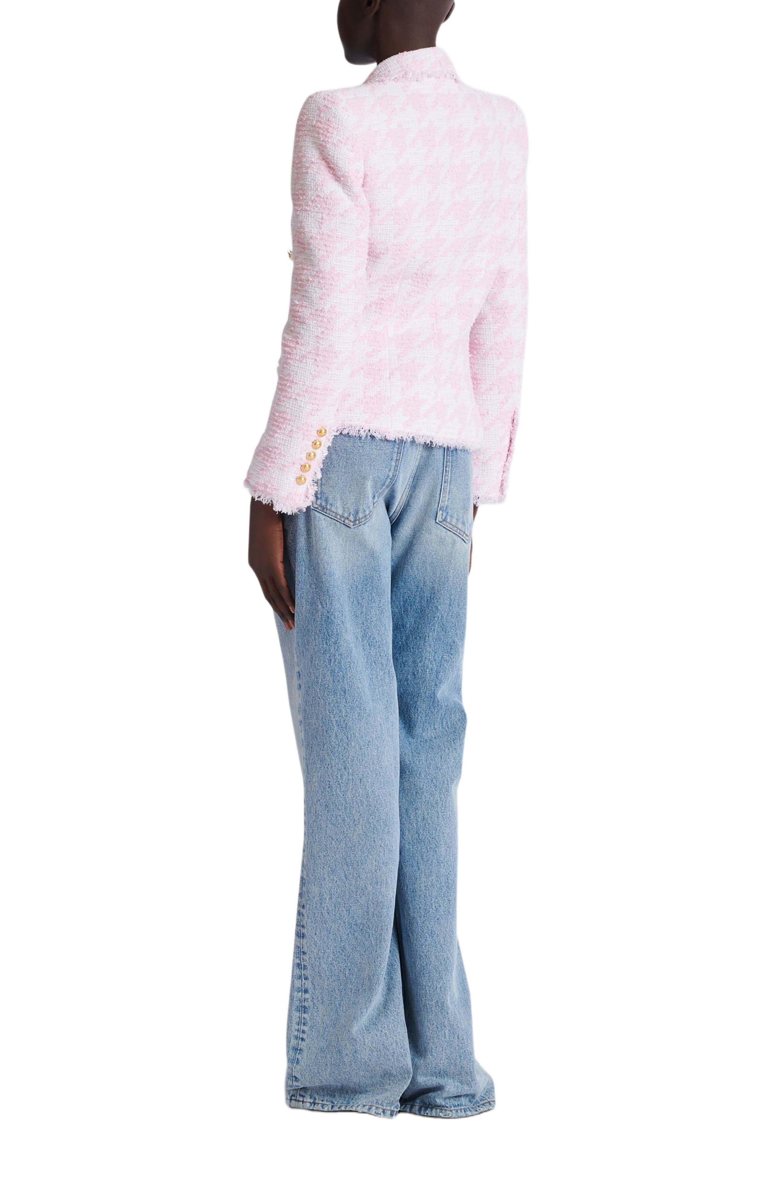 Balmain 6-button houndstooth tweed fitted jacket in Pink at Nordstrom - 3