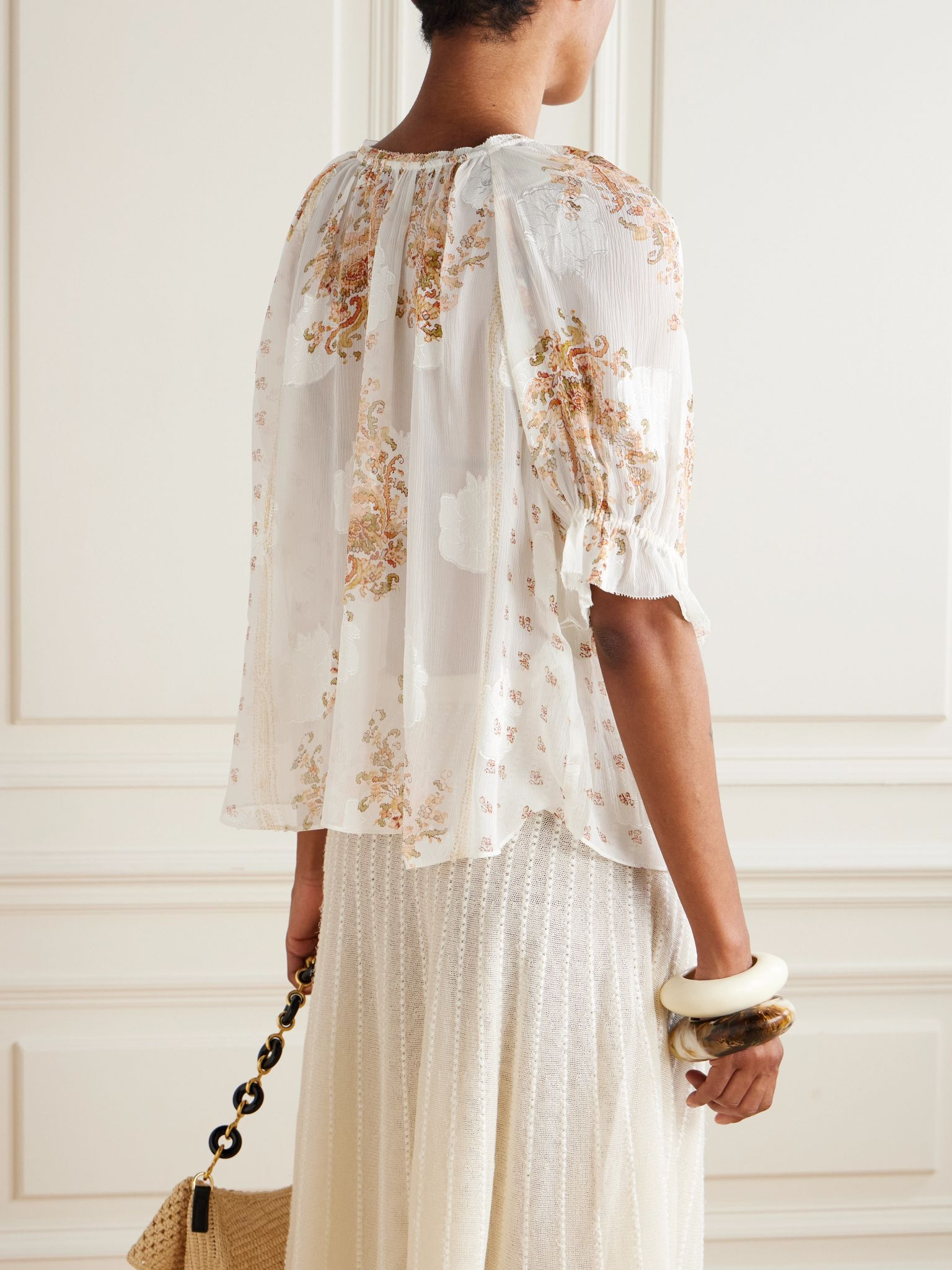Pippa floral-print silk-blend crepon jacquard blouse Cream - 3
