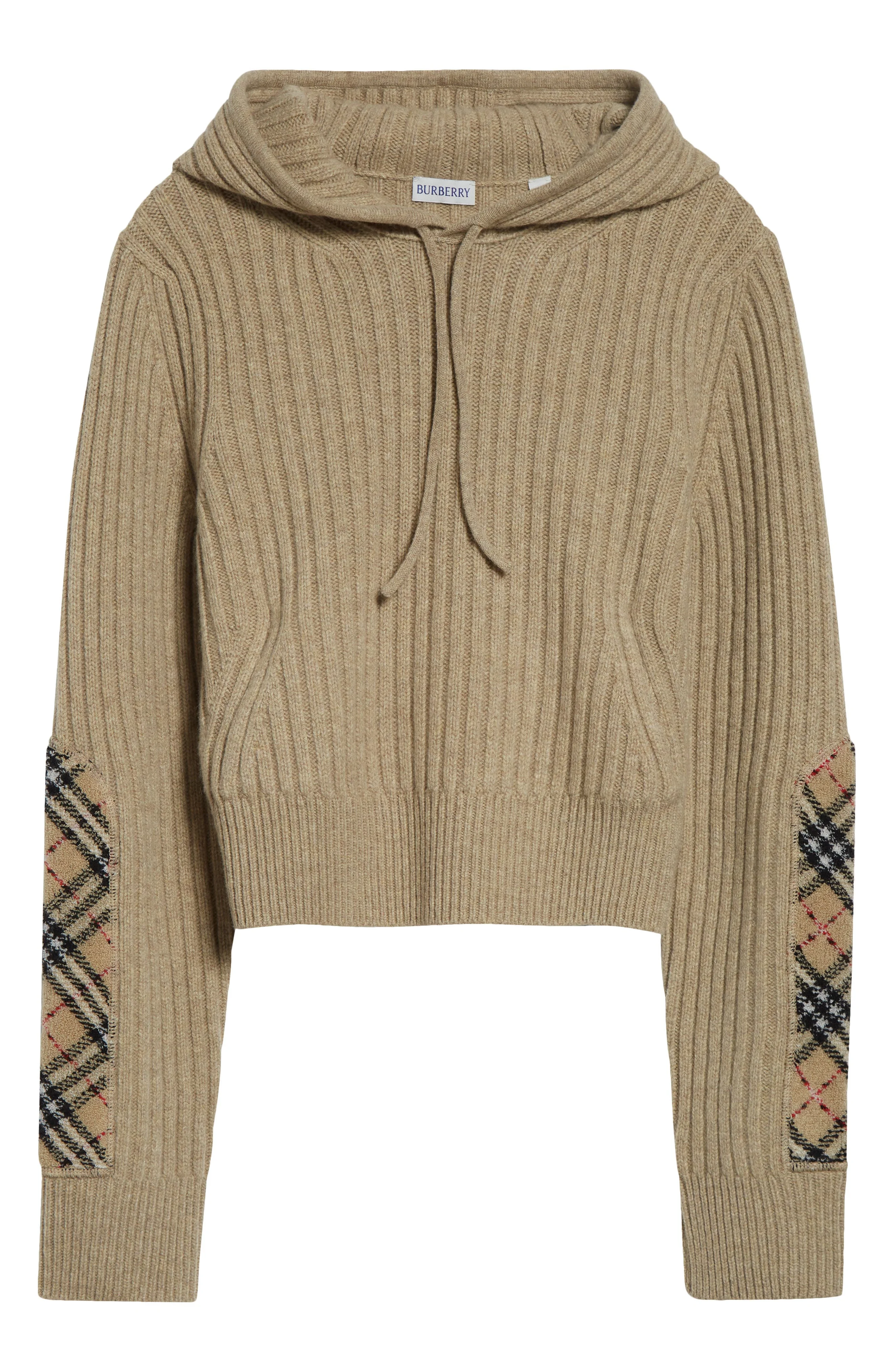 burberry Phyllis Check Patch Hooded Rib Wool & Cashmere Sweater in Light Brown Melange at Nordstrom - 1