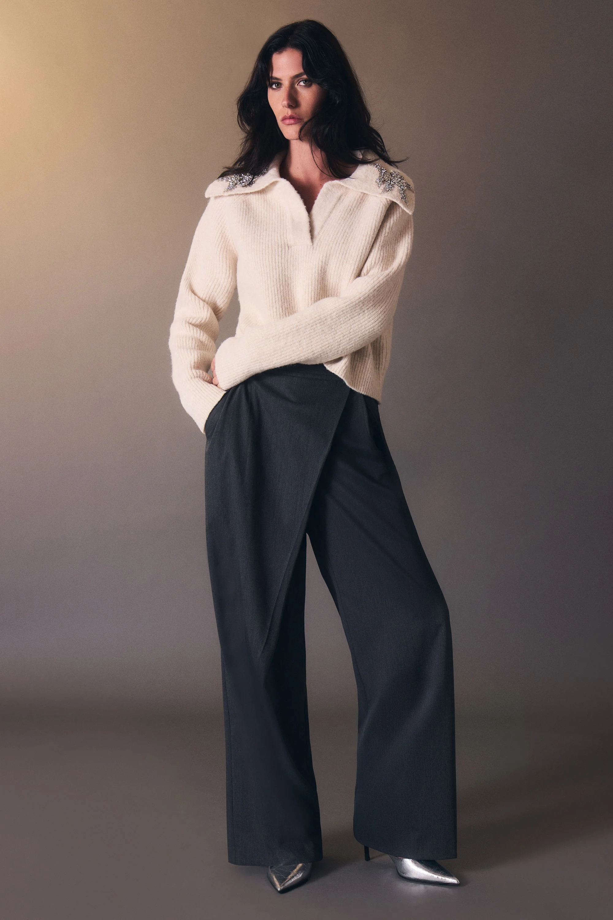 Embellished Cosy V Neck Collar Knit Jumper - 1