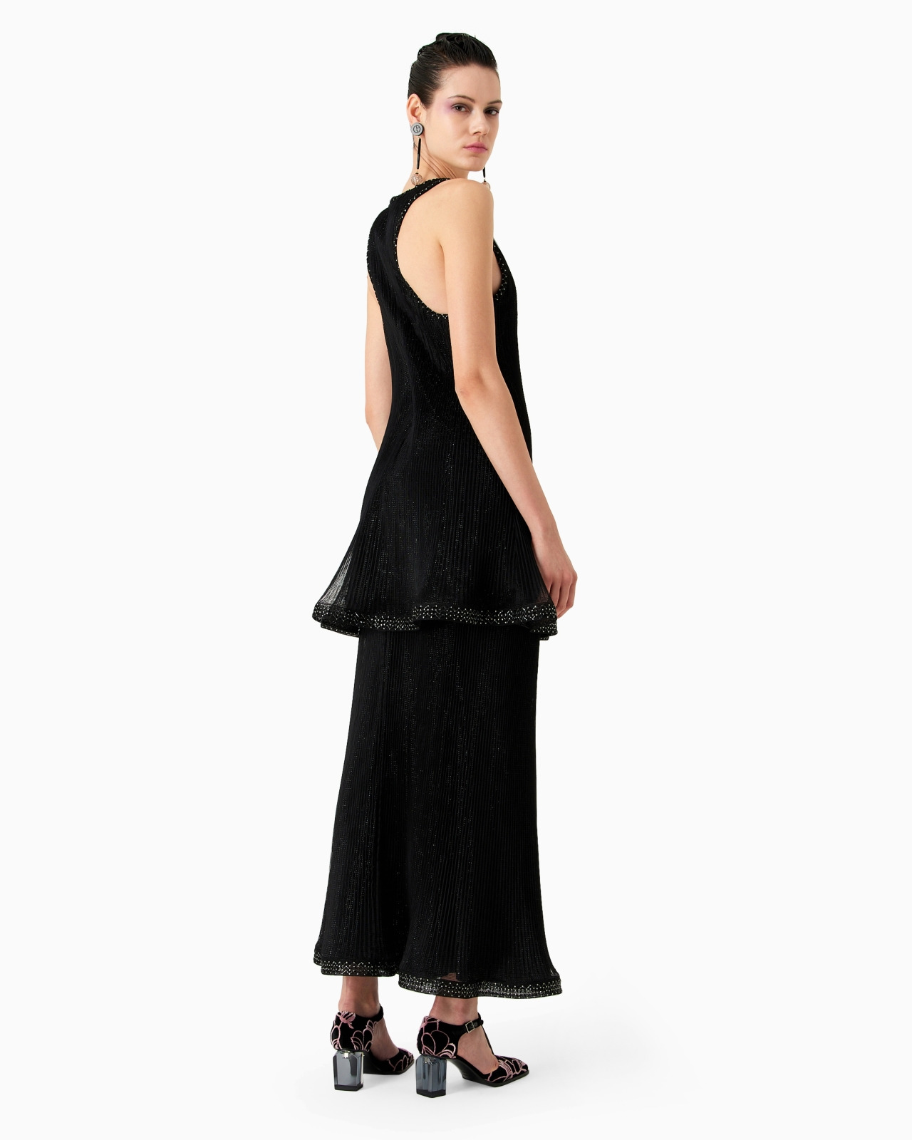 LONG PLEATED TULLE DRESS WITH CRYSTAL EMBROIDERY AND A FRILL - 3