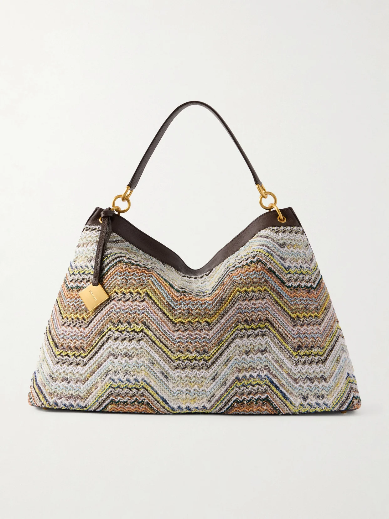 Sequined-embellished Striped Leather-trimmed Woven Shoulder Bag - 1