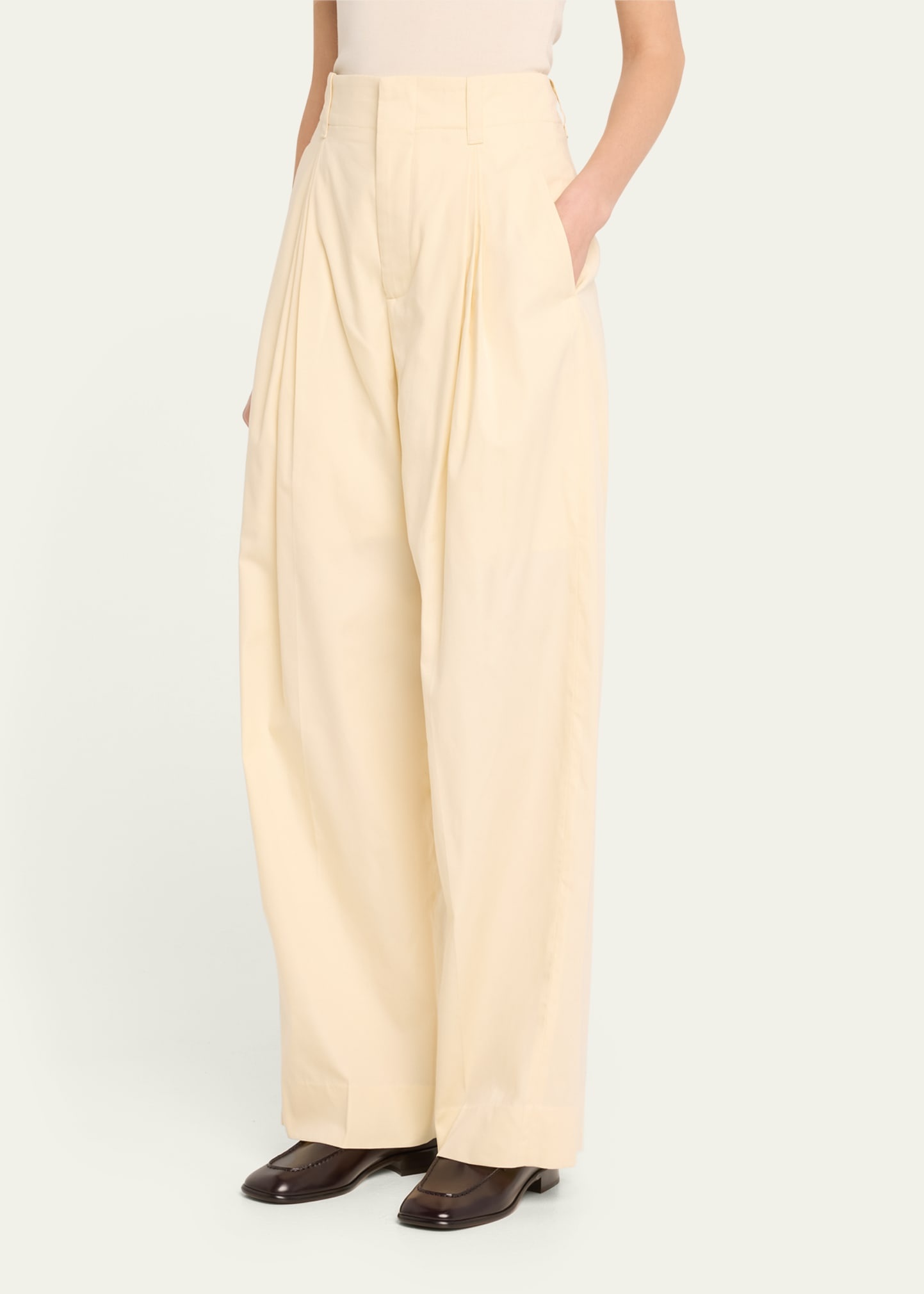 High-Rise Double Pleated Wide-Leg Technical Cotton-Silk Trousers - 4