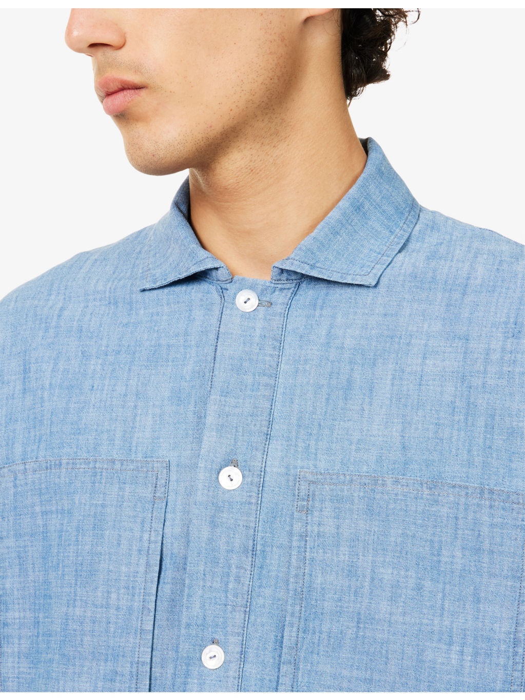 Chambray Spread-Collar Popover Cotton Shirt - 5