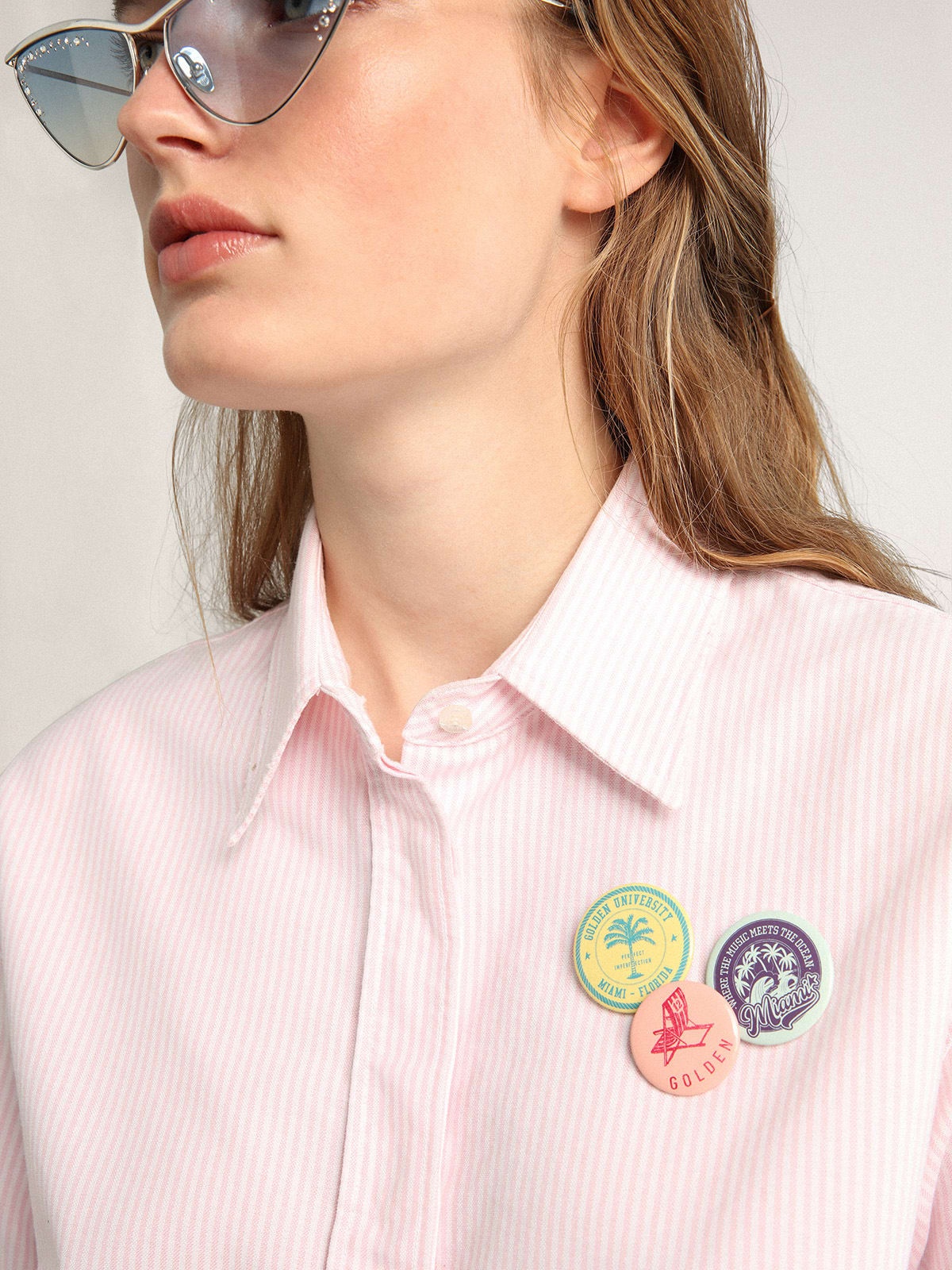 Oversized Journey Collection shirt with pink and white vertical stripes and pins - 2