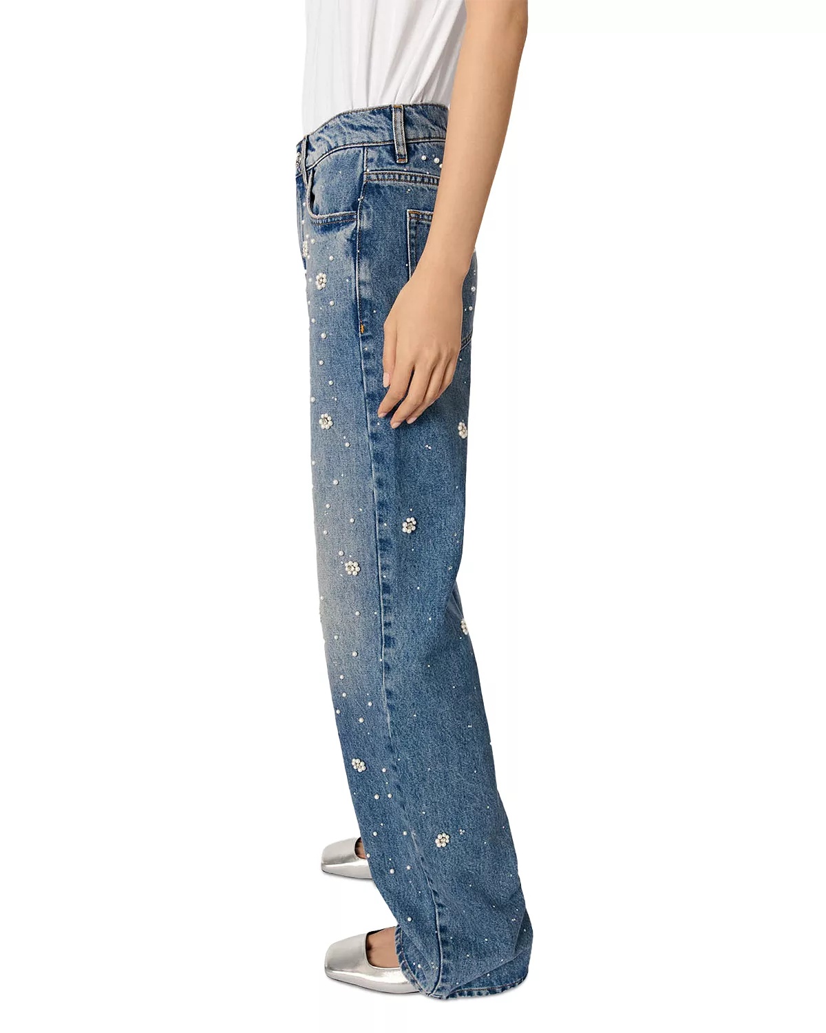Embellished High Rise Wide Leg Jeans in Blue - 6