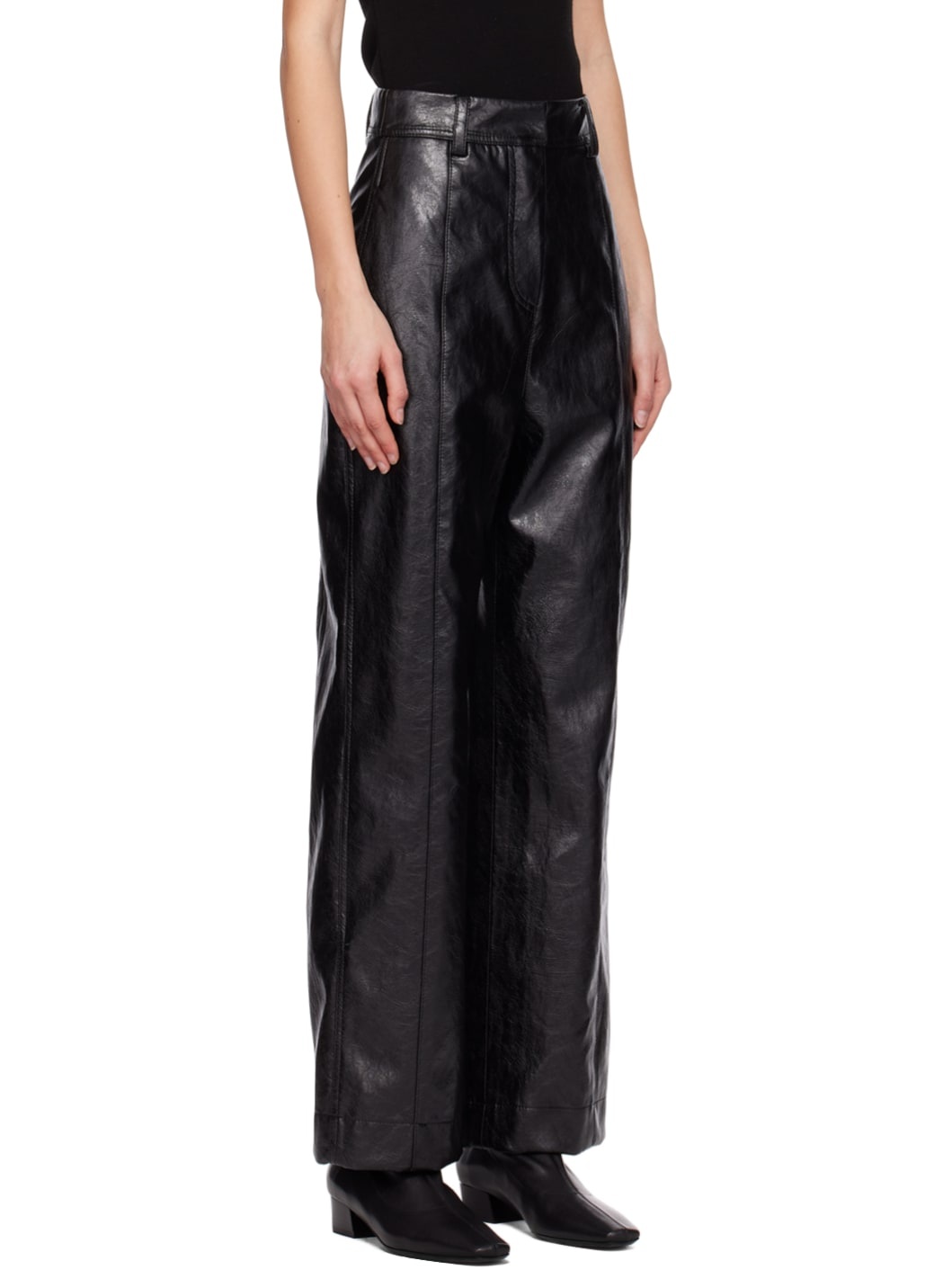 Black Cracked Faux Leather Trousers - 2