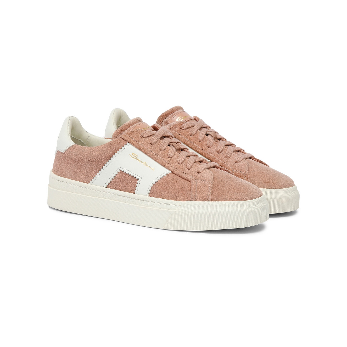 Women’s pink and white suede and leather double buckle sneaker - 3