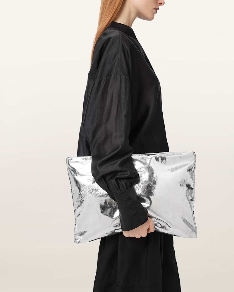 ALLSAINTS BETTINA OVERSIZED METALLIC LEATHER CLUTCH BAG outlook