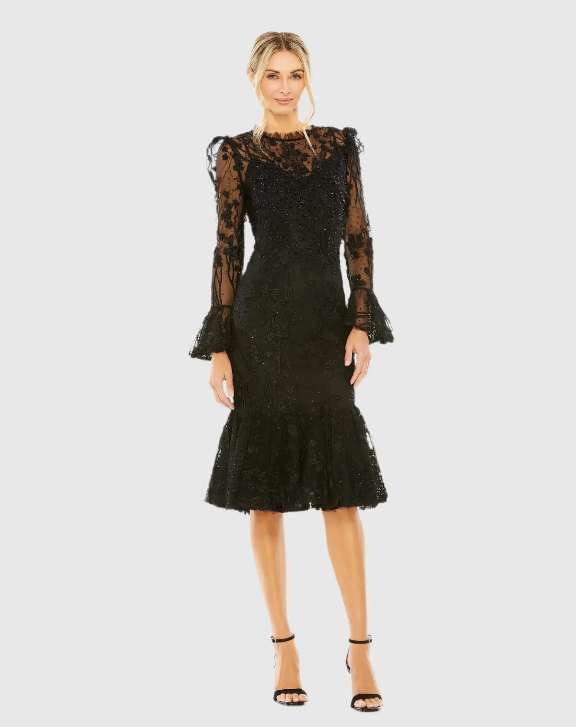 Black Long Sleeve Embroidered Midi Dress - 1