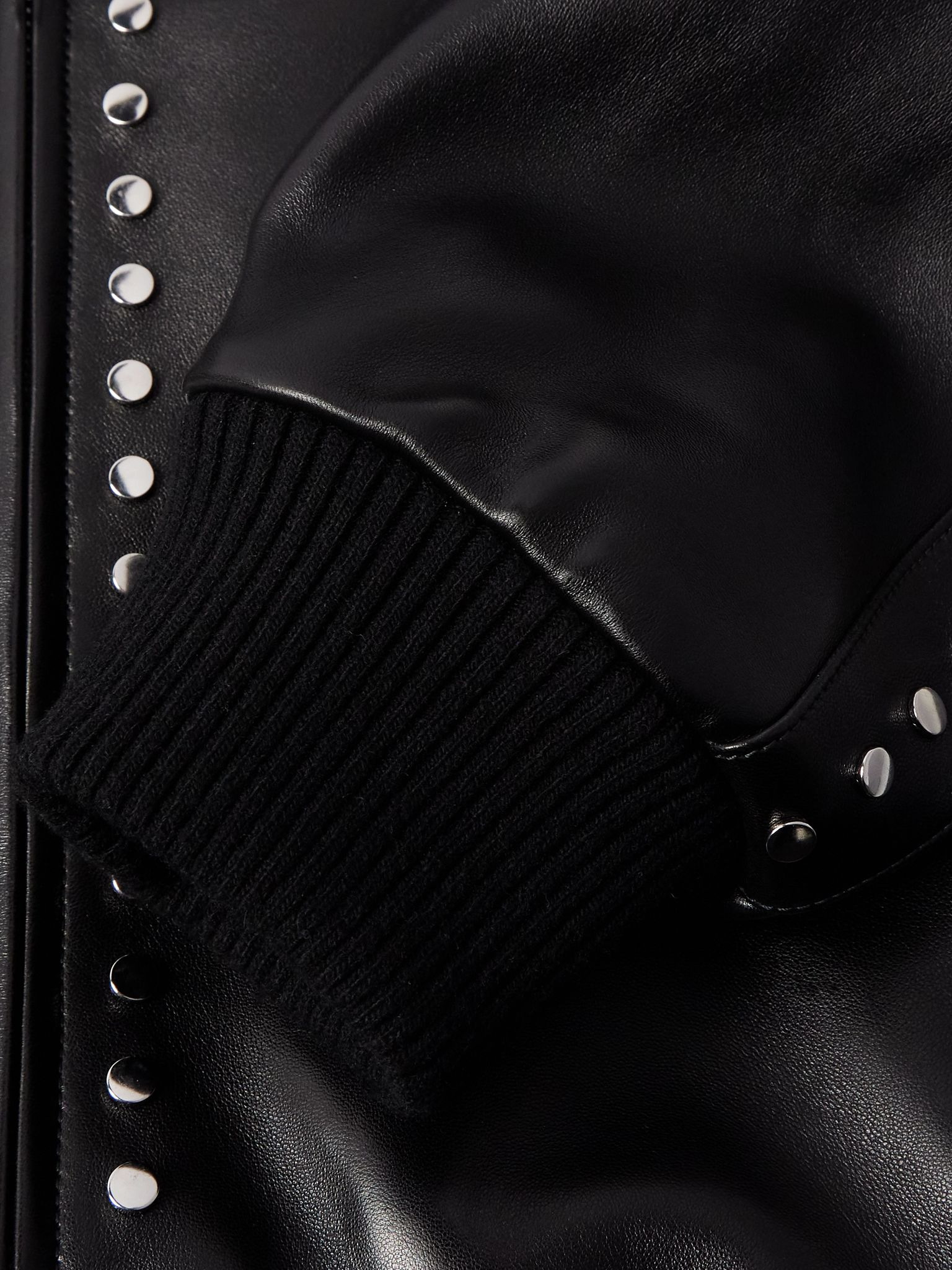 Studded Leather Bomber Jacket Black - 5