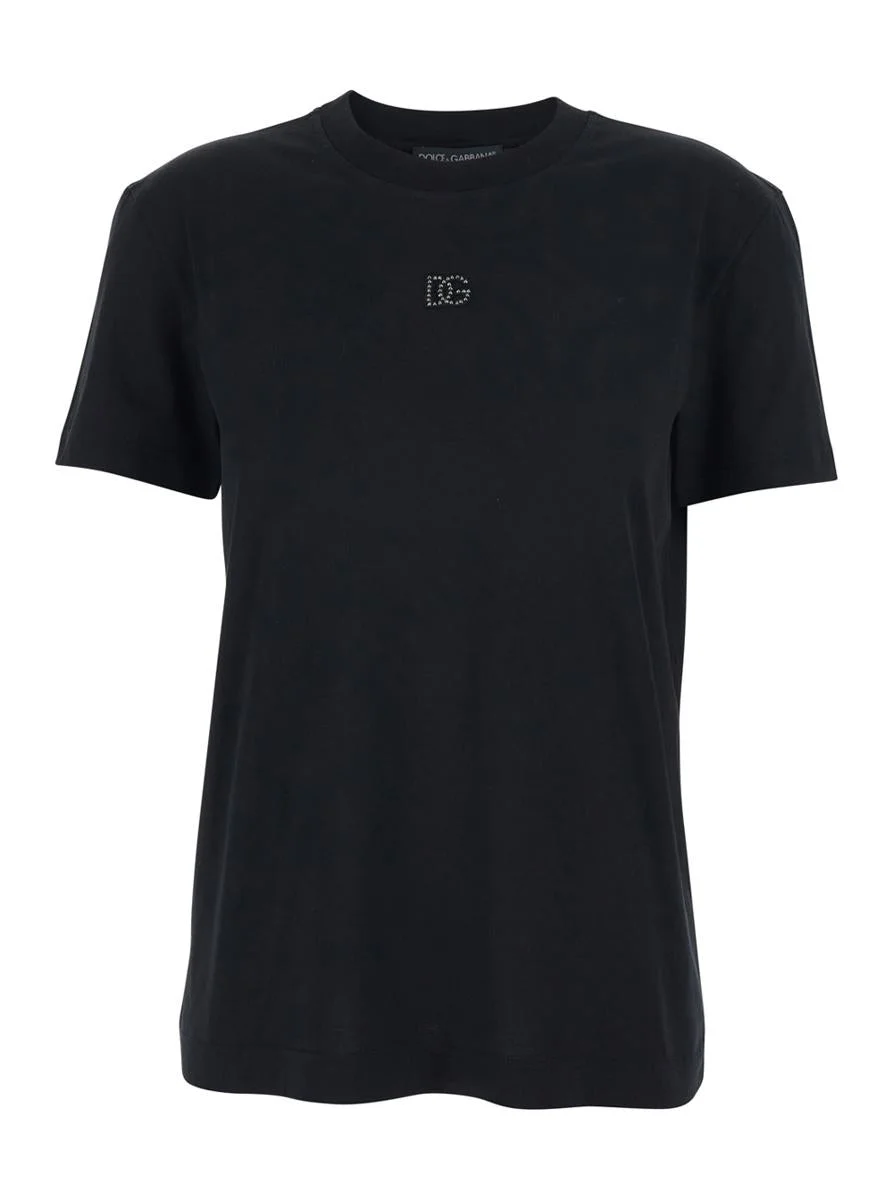 Dolce & Gabbana Black Crewneck T-Shirt With Logo Embroidery With Beads On The Front In Cotton Woman - 1