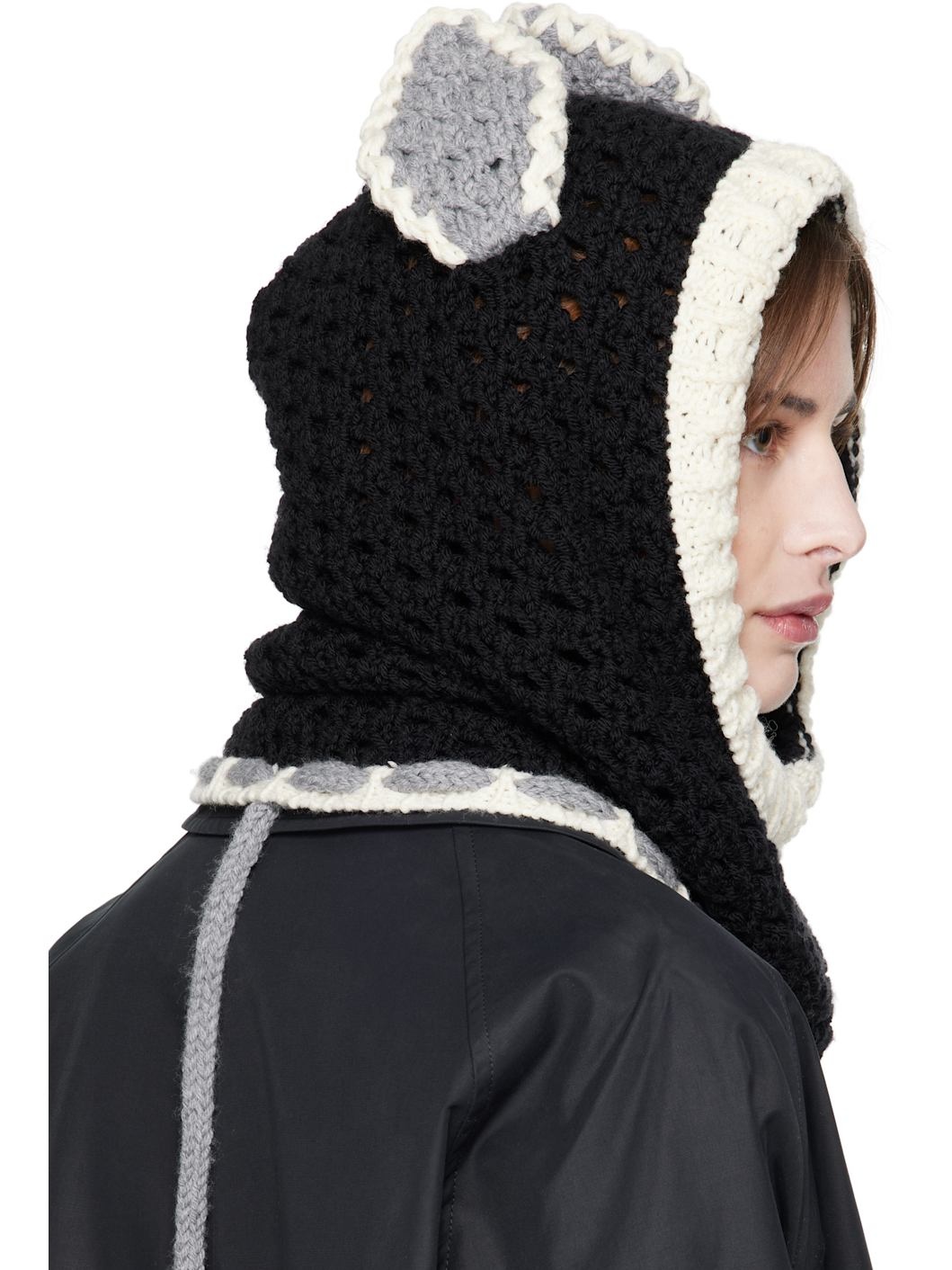 Black & Off-White Wool Ears Balaclava - 3