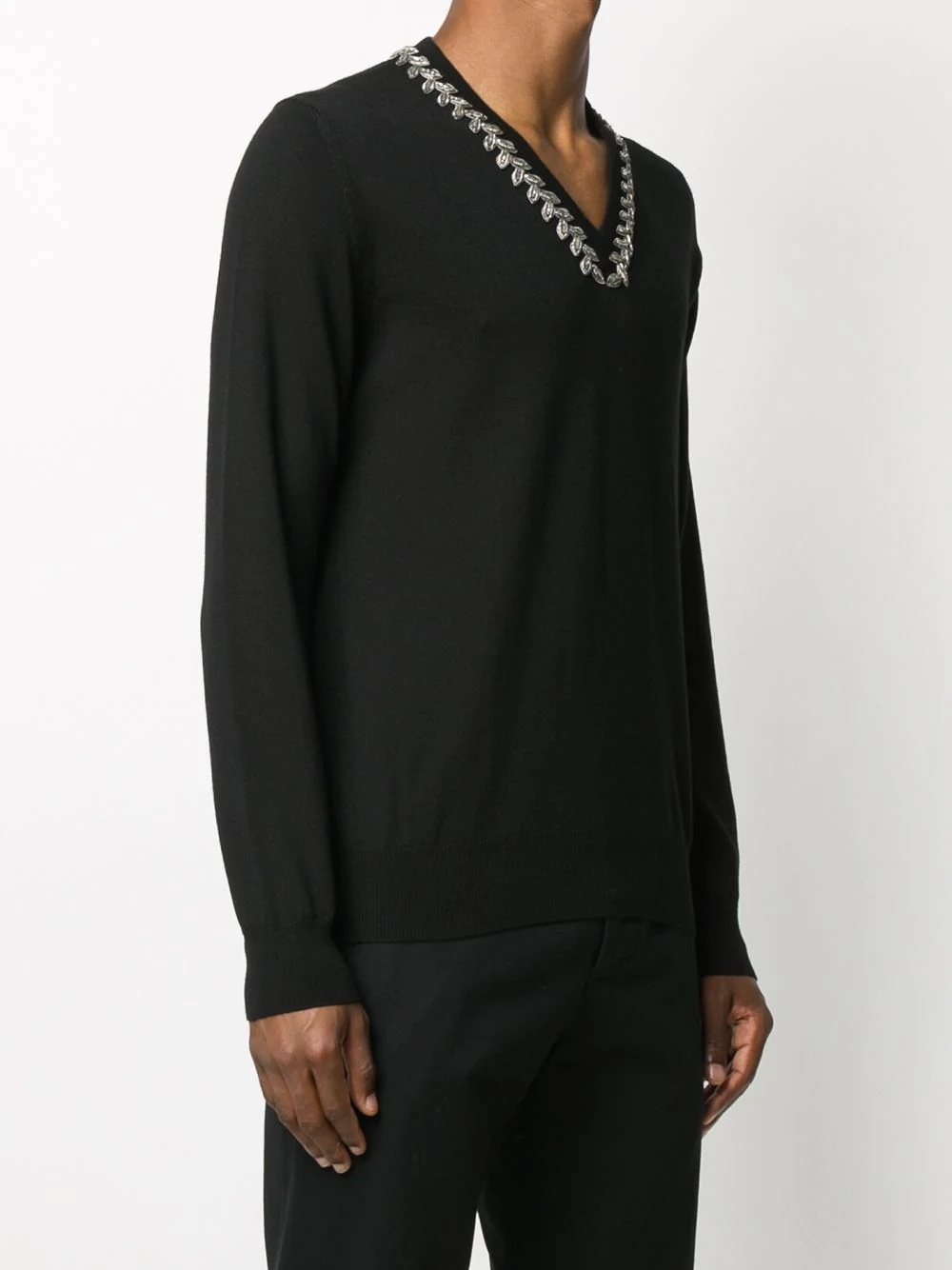 leaf-embroidered V-neck jumper - 3