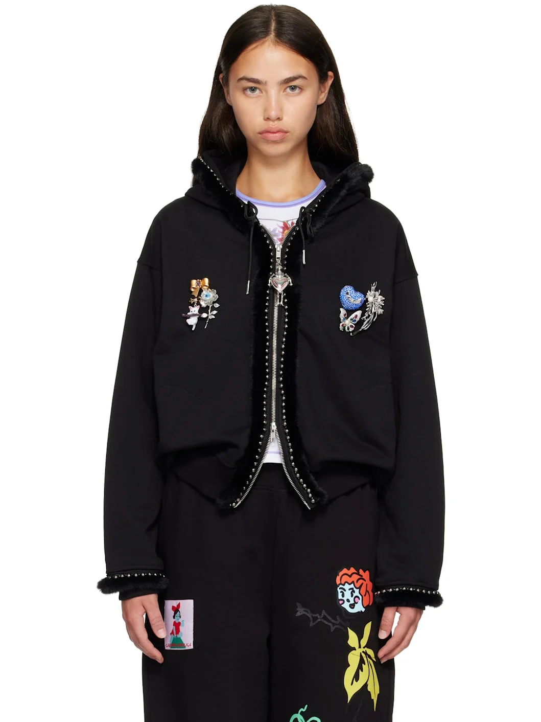 Black Fuzzy Pearl Zip Hoodie - 1