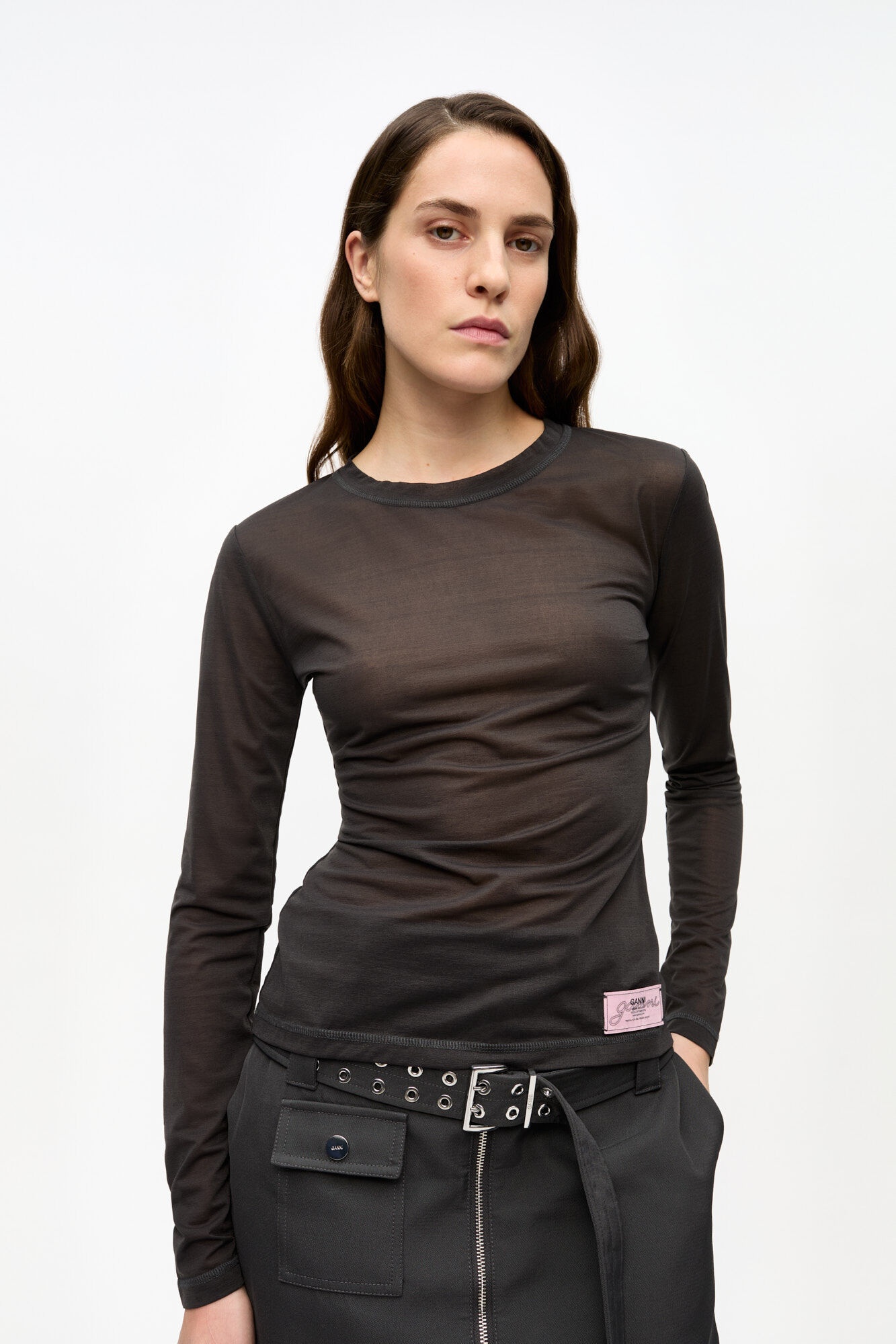 BLACK SHEER MESH JERSEY LONG SLEEVE TOP - 2