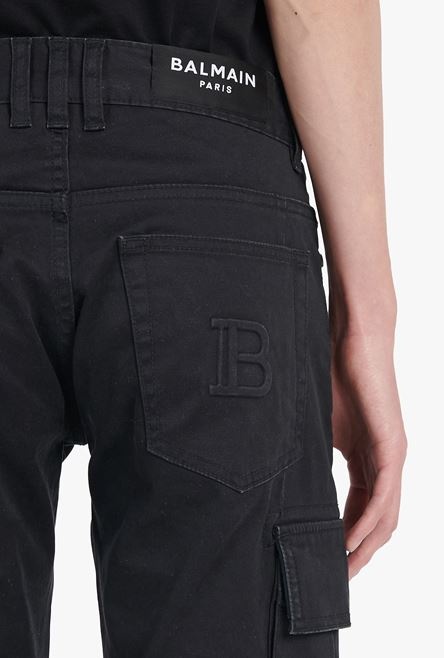 Faded black cotton cargo jeans with embossed Balmain logo - 6